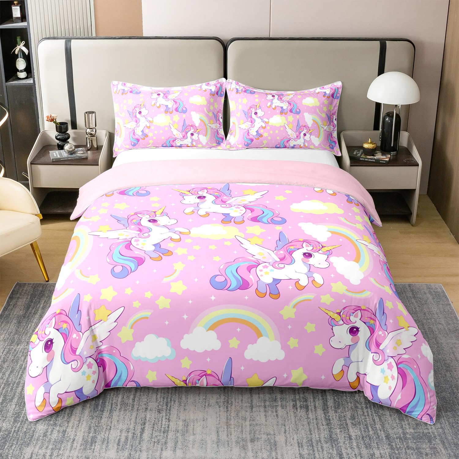 Housse de couette licorne parure de lit 100% coton enfant ado lit simple drap 2 pièces taie d'oreiller