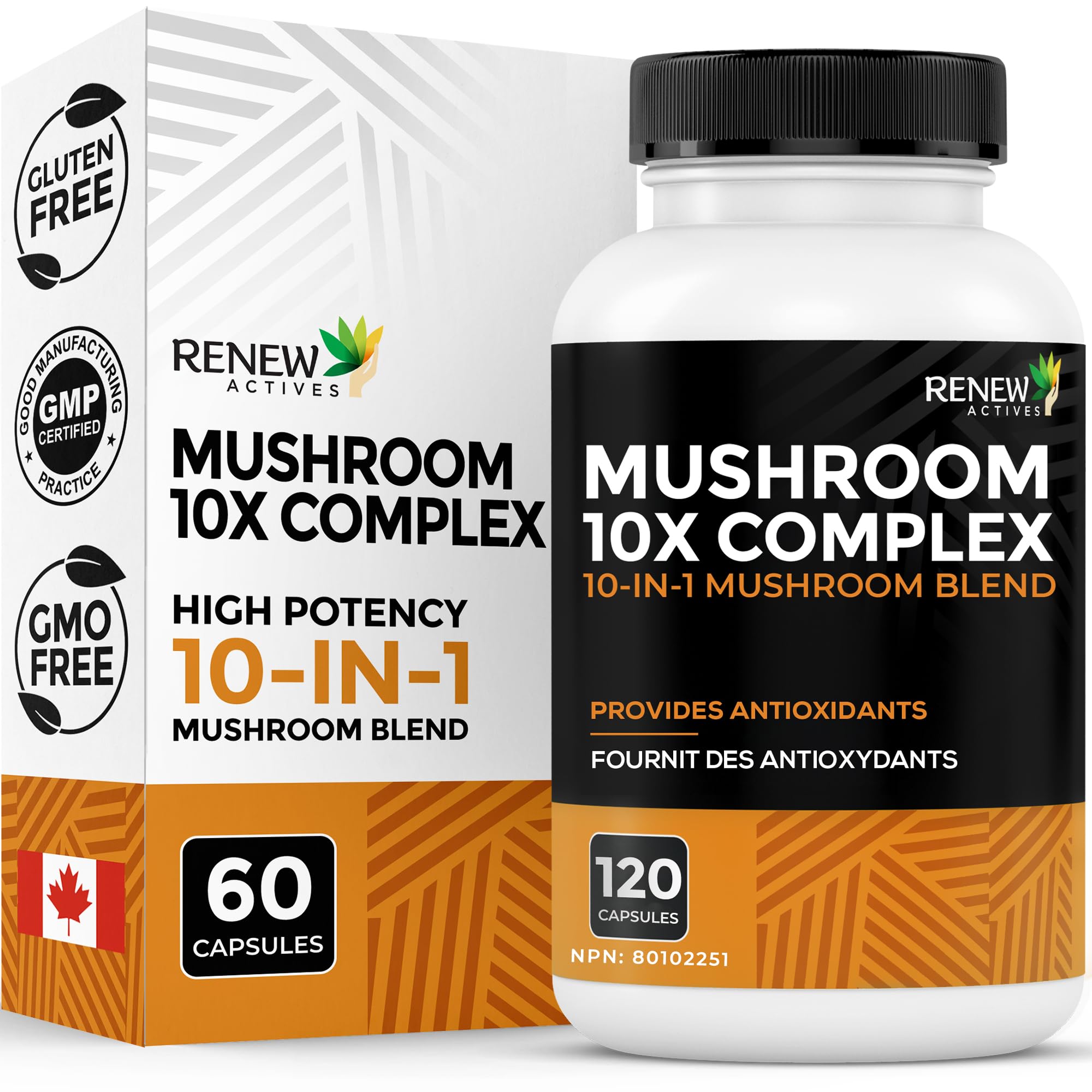 RENEW ACTIVES Mushroom Complex 2 Capsules per Serving – 10 Mushroom Blend with Antioxidants for Immune Health & Wellness – Supports Overall Vitality & Long-Term Wellness –Made in Canada - 120 Capsules