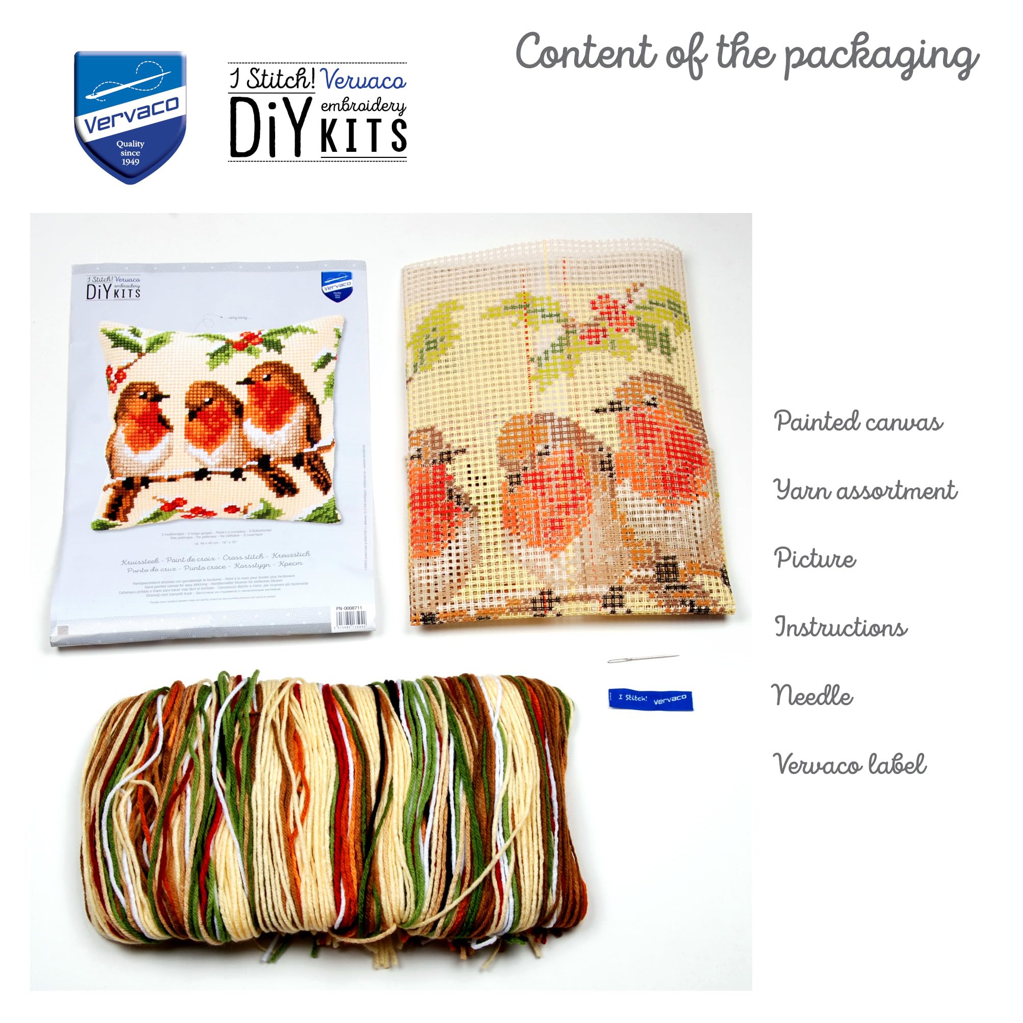 Vervaco Punto De Cruz Kit Cojin Decorativo 3 PETIRROJOS Manualidades Adultos Decoracion Bordar Kit Principiantes Completo DIY Bordado Creativo Regalo ca. 40x40 cm Cross Stitch Embroidery