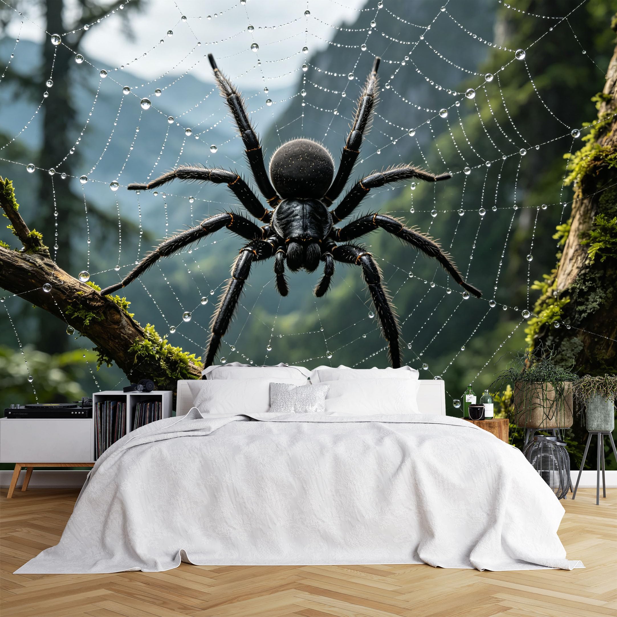 Lcythiazole Ch260615118 Custom Size Wall Murals Dewy Spider Web Mountain Forest Spider Wall Murals Realistic Wildlife Wallpaper Wall Covering Fabric Self-Adhesive Removable Wallpaper For Garage