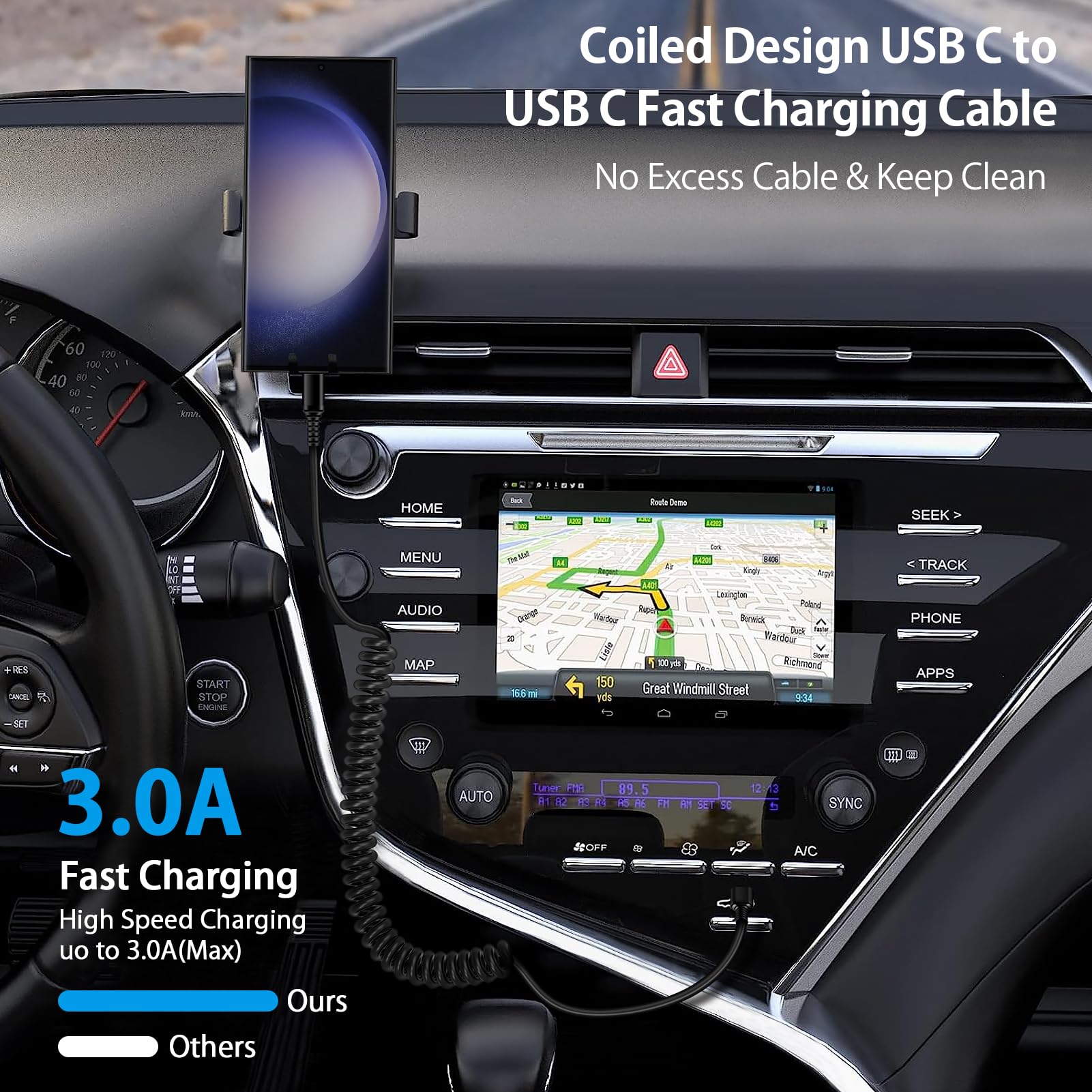 Android Auto USB C a USB C cavo 0,9 m tipo C ricarica rapida a spirale Samsung caricabatterie per auto per Samsung Galaxy S25 Edge S24 Ultra A56 A16 A35 A54 A14 A53 A13 S23, iPhone 16e 16 15, Pixel 9a