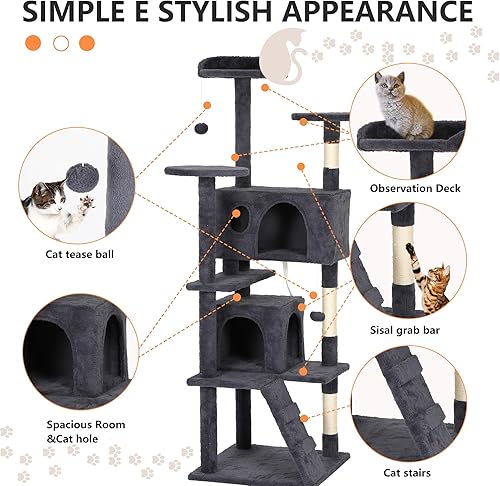 Vista 122 de BestPet Torre de árbol para gatos de 54 pulgadas Beige Resistente y fácil de montar, centro de actividades de varios niveles con postes