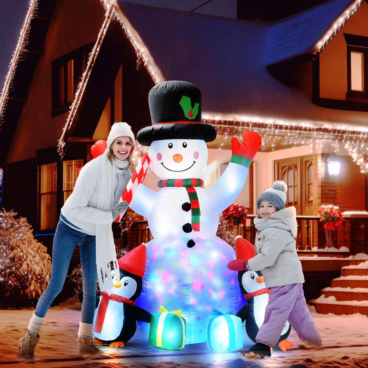 6ft Christmas Inflatables Outdoor Decorations Embrace Snowman and Penguins Built-in Colorful Rotating Led Lights Blow Up Snow Man Wear Magic Hat Yard Decor for Party Indoor Garden Lawn Xmas - Image 7