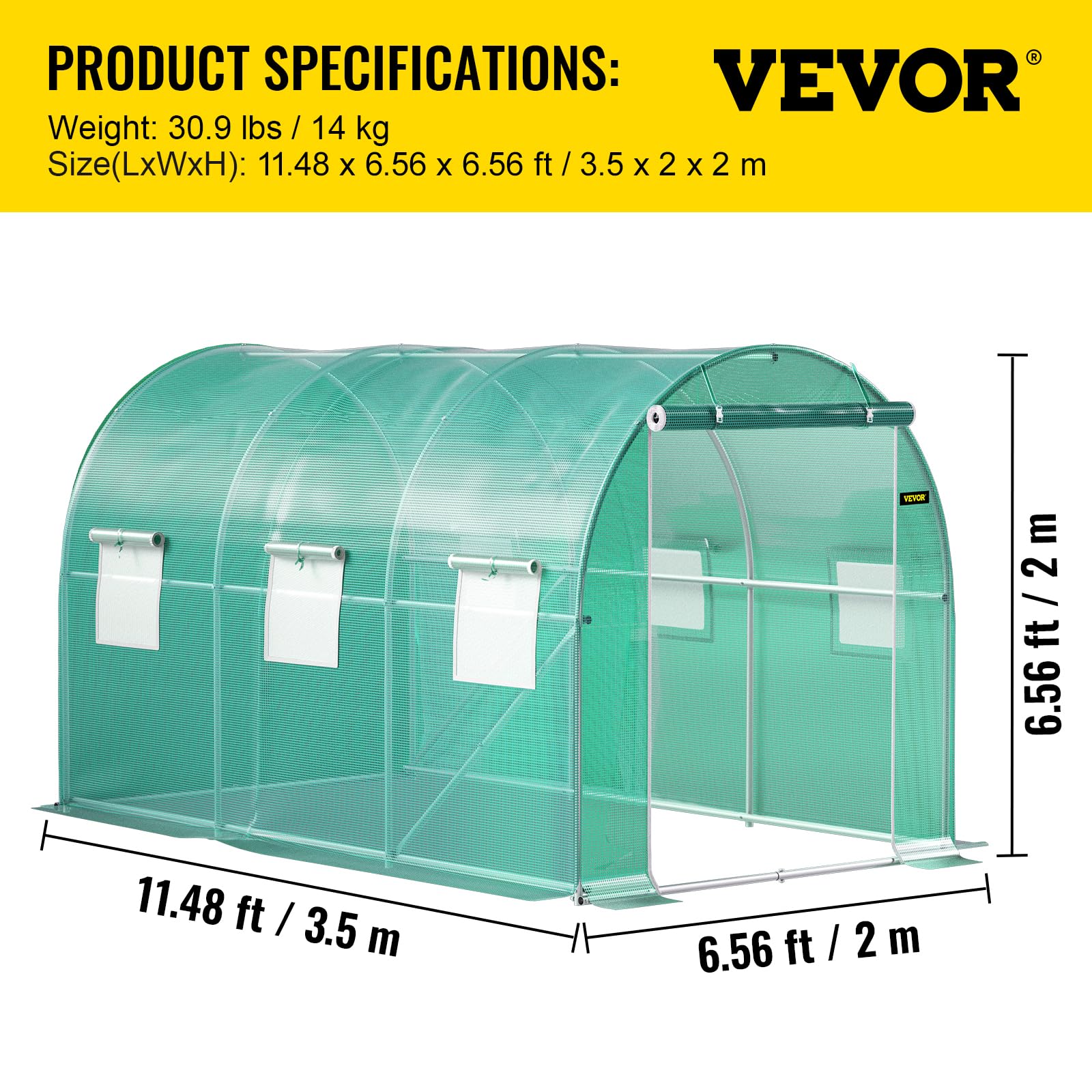 VEVOR Invernadero de Túnel 3,5 x 2 x 2 m Invernadero de Jardín Tipo Túnel con 6 Ventanas de Malla Marco de Acero Invernadero Caseta de Jardín Huerto Blanco para Cultivo de Plantas Flores Verduras