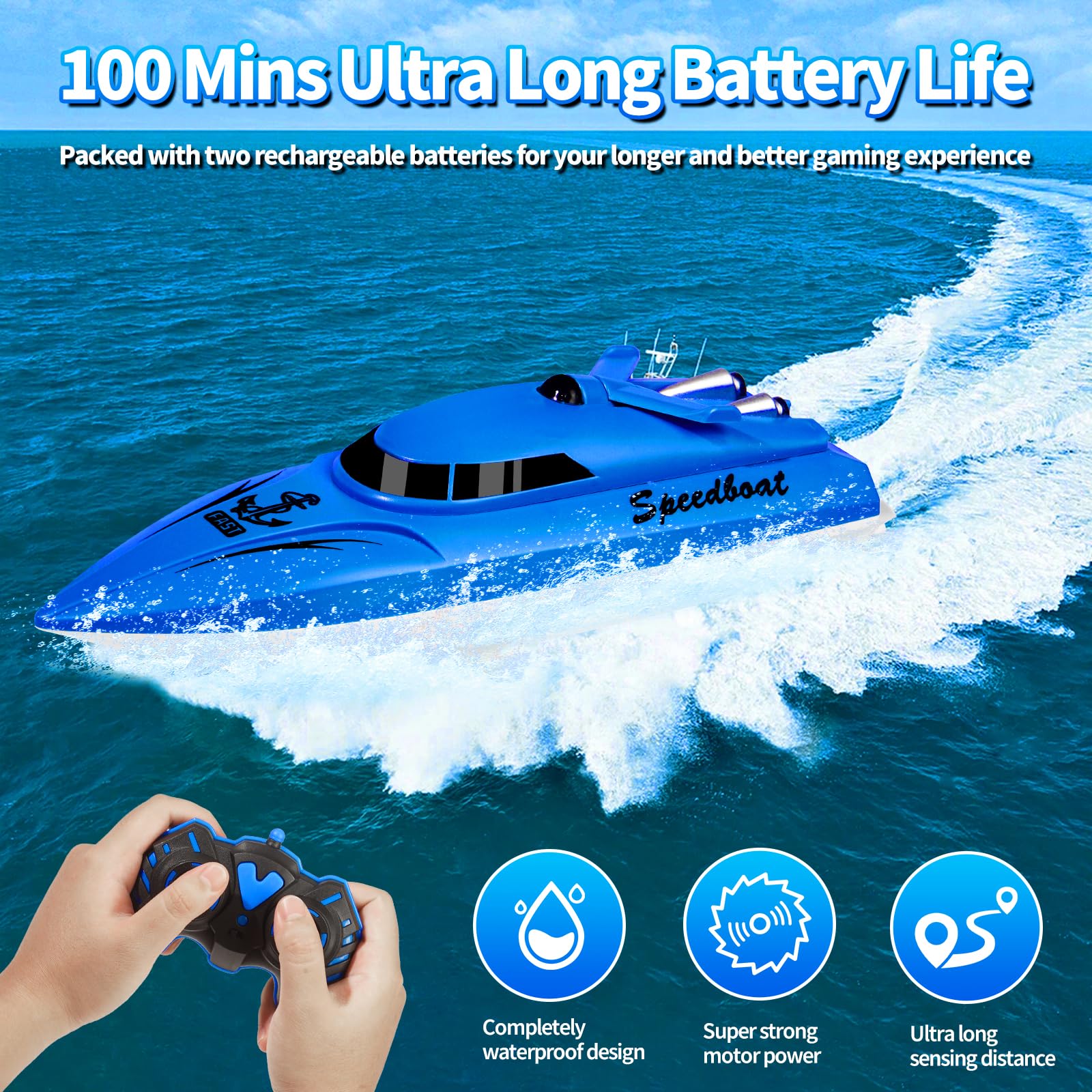 Bateau RC, 2.4 GHz High Speed Mini Boats, Bateaux télécommandés pour piscines et Lacs, Bateau radiocommandé pour Enfants, 30+ Mins, 2 Batteries