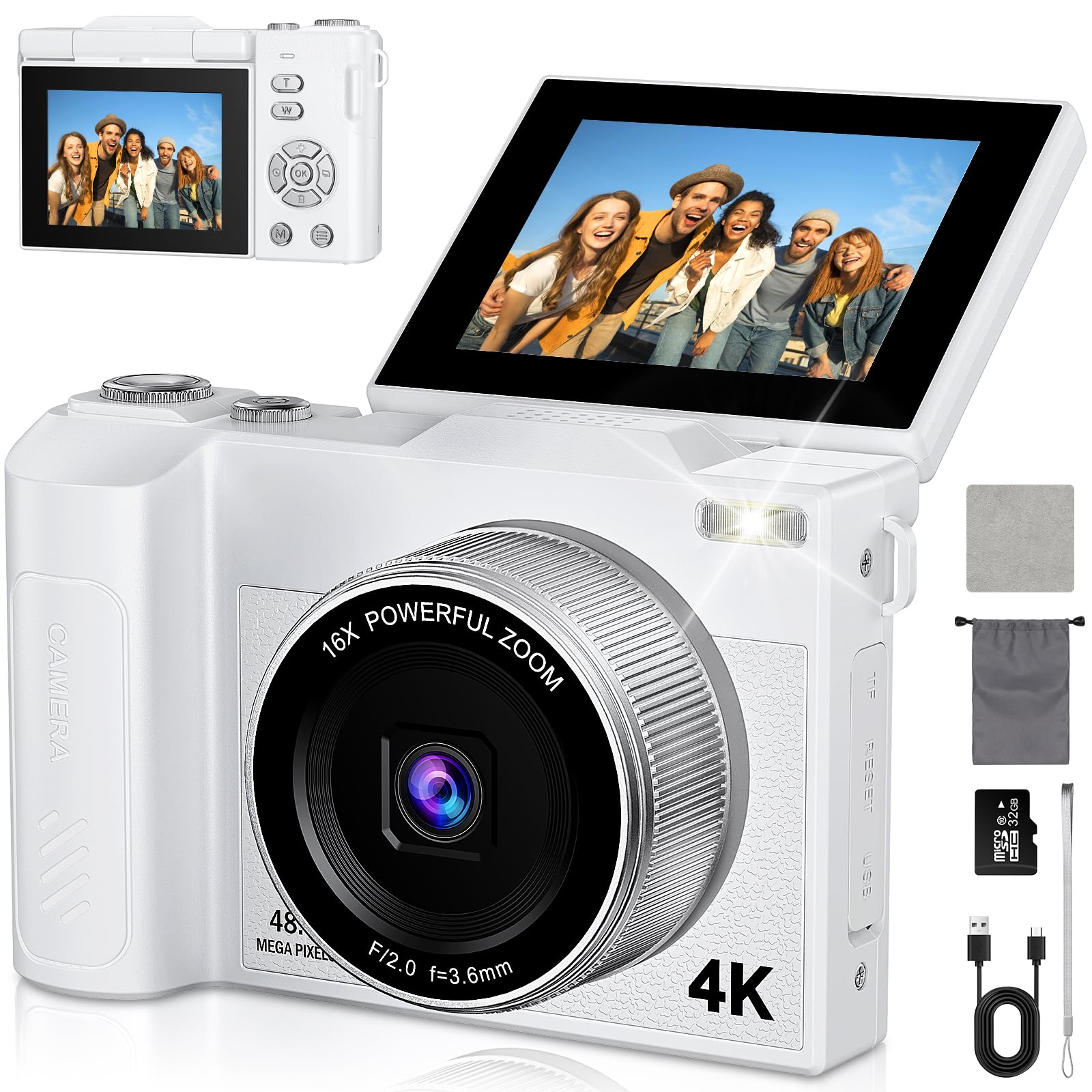 4K Macchina Fotografica 48MP Autofocus Fotocamera Digitale Compatta 2.8'' Schermo Flip 180° con Zoom 16X Vlogging Camera con 32G Scheda per Adolescenti Principianti Adulti (Nero) (Bianco)