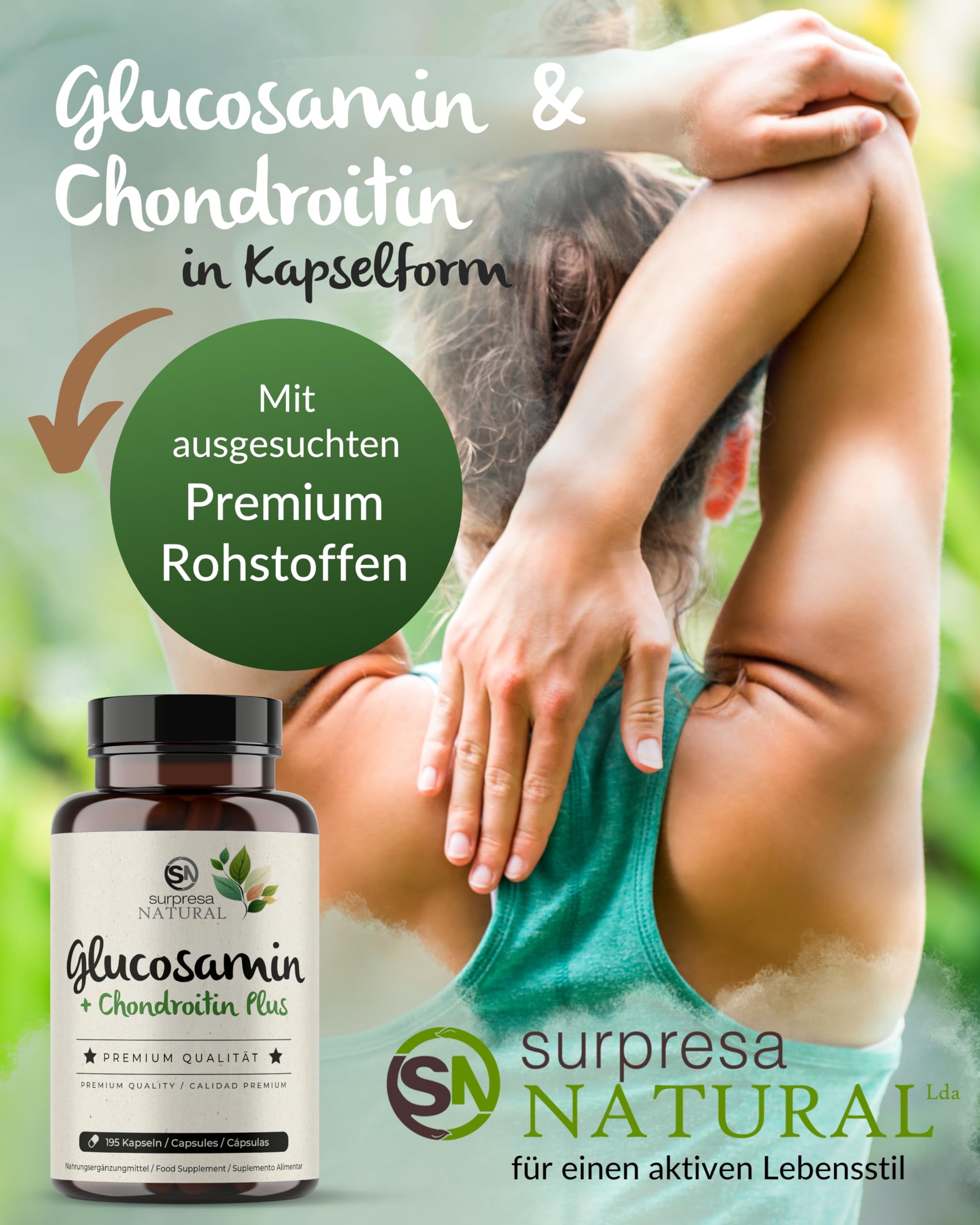 Glucosamin-Chondroitin-Kapseln hochdosiert I 1 x 195 Kapseln I 1500 mg Glucosamin & 1200 mg Chondroitin pro Tagesdosis I Nahrungsergänzungsmittel ohne Zusatzstoffe & laborgeprüft