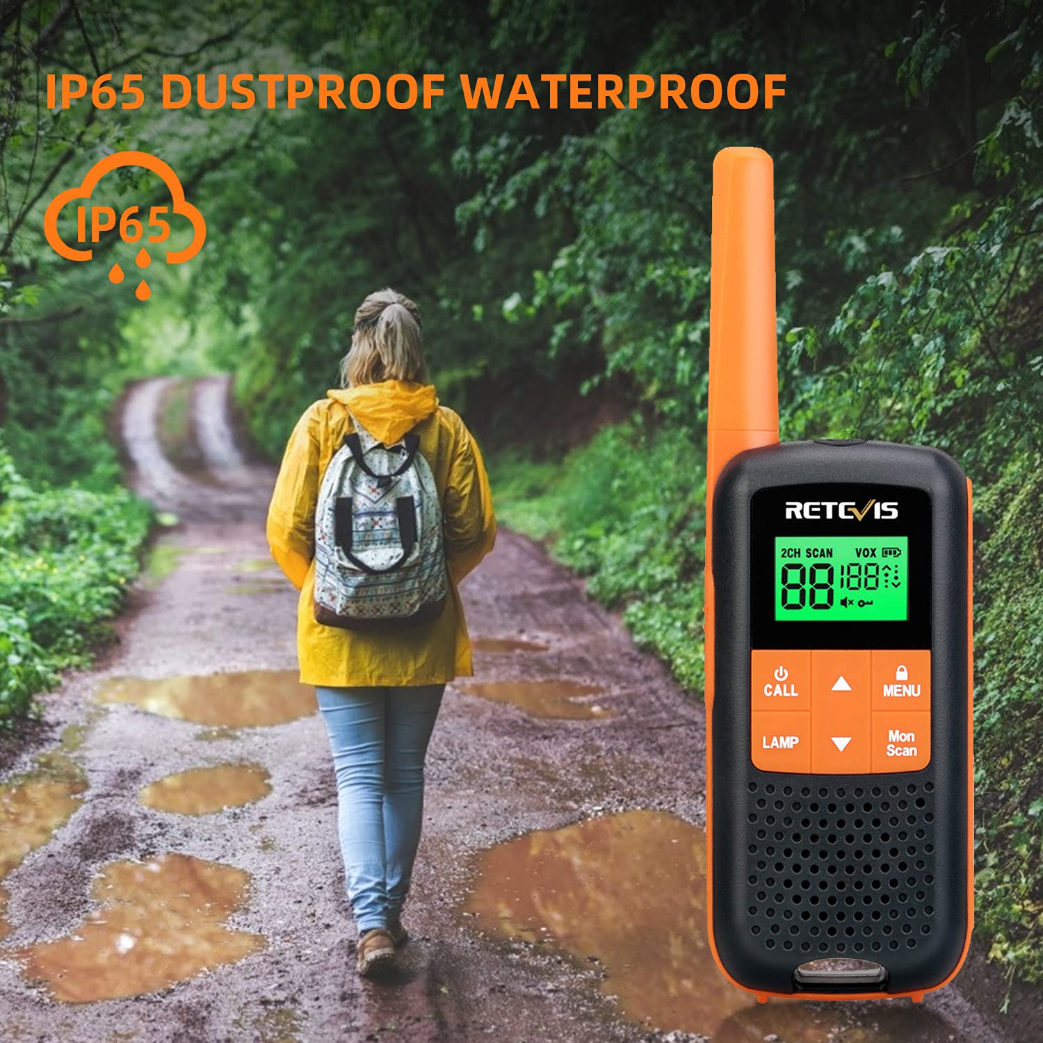 Retevis RT649 Walkie Talkie, IP65 wasserdichte Funkgerät Set Outdoor | PMR446 Walki Talki Erwachsene, Camping Freien, 1200mAh Akku, 16 Kanäle, Blitzlicht, Scan Zwei Lademethoden, Tastatursperre