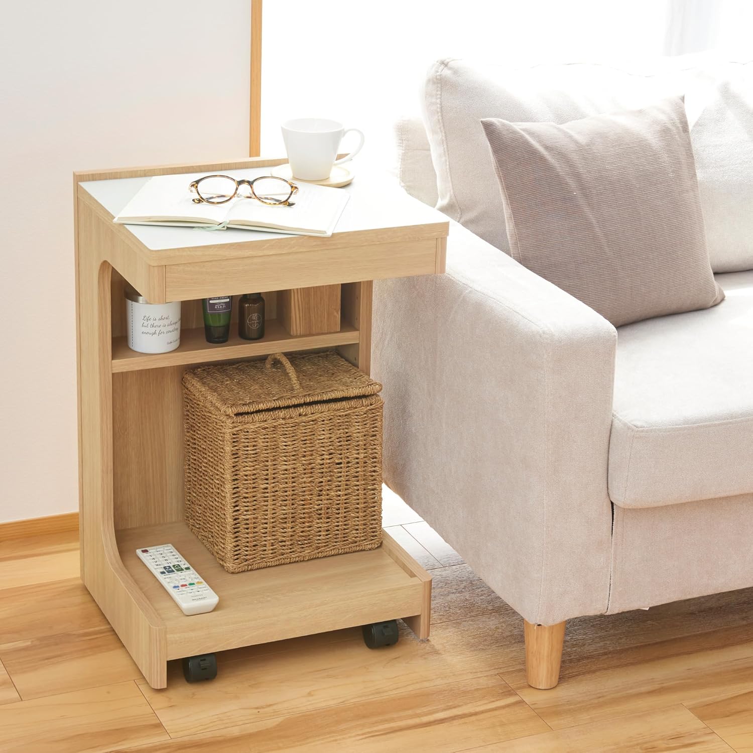 Shirai Sangyo CHI-6040WNA Side Table, Night Table, Width 15.7 inches (40 cm), Height 23.6 inches (60 cm), Natural Brown, Sofa Sides, with Casters, Melamine Tabletop, Chill Fill,