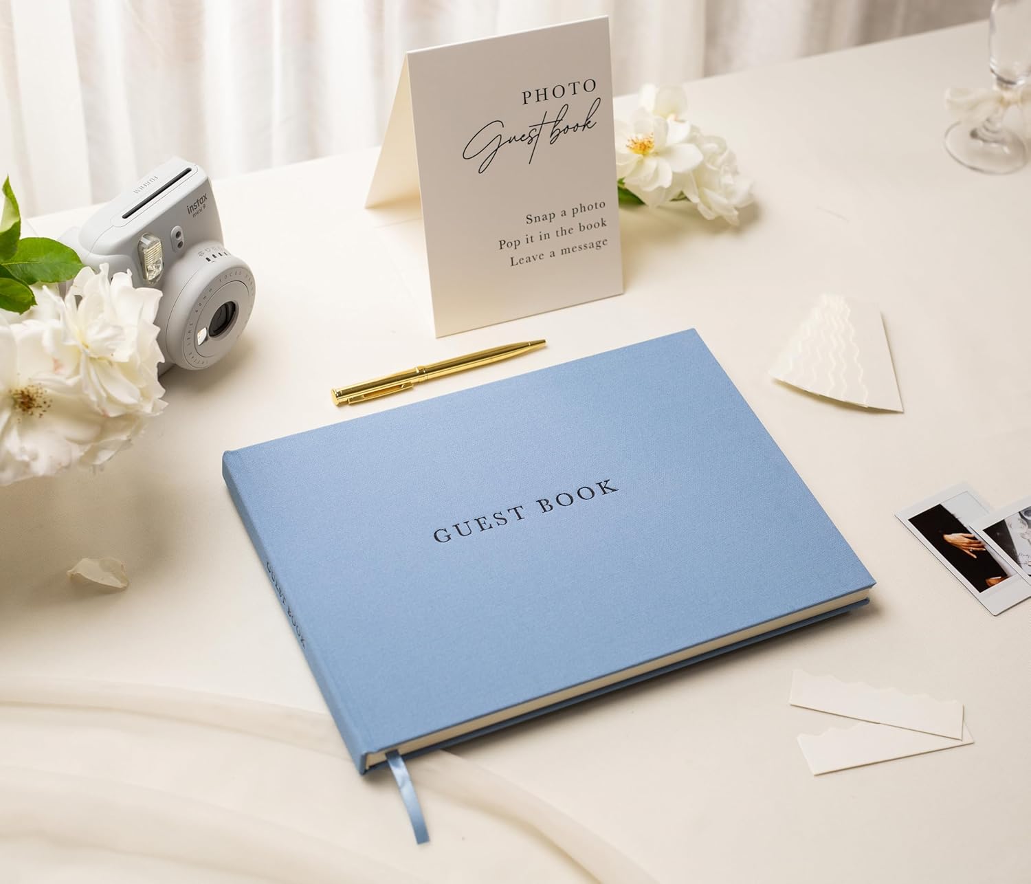 Real Linen Guest Book Set - 11.5 x 8.5 Embossed Guestbook for Weddings, Showers, Events, Blank & Lined, Comes with Sign, Pen, Box and Photo Sleeves, 120 Pages (Light Blue)