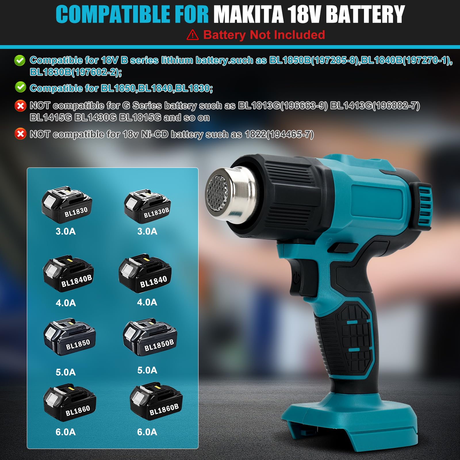 Pistola De Aire Caliente Compatible Con Baterías Makita 18V (No Incluidas), Temperatura Ajustable Velocidad Del Viento, Max 550°C, Pantalla LCD, Para Soldadura, Secado, Bricolaje, Pintura, Decapado.