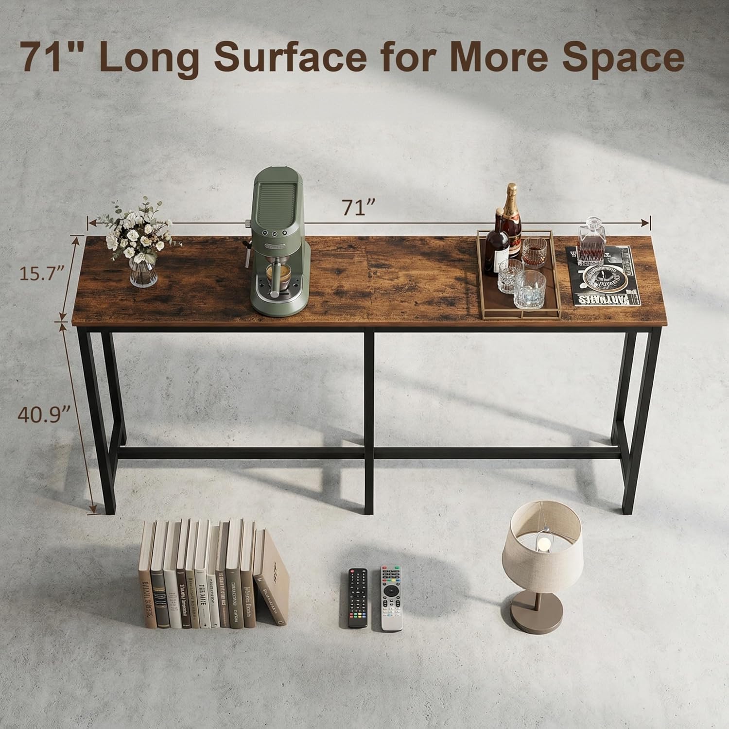 Homleke 71-inch bar table with dimensions: 71 inches long, 15.7 inches wide, and 40.9 inches high.