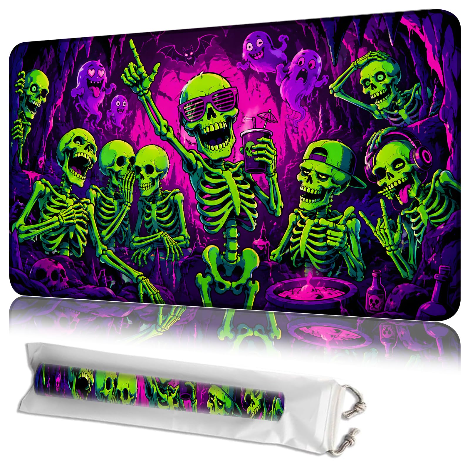 JANENFNA Neon Skeletons MTG Playmat, 24 x 14 Inch Gaming Mat