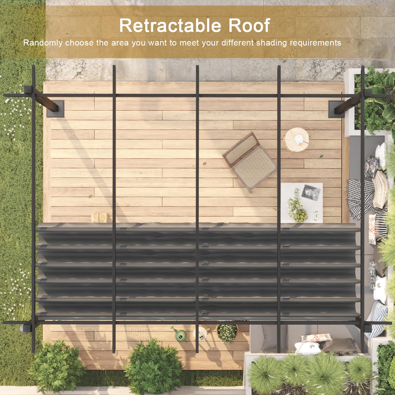 Devoko Aluminium Pergola mit Schiebedach, Verstellbarer Schattenfläche, UV-Schutz 50+, Pavillon 3x4 wasserdicht stabil Winterfest, Grillpavillon Metall für Gärten und Terrassen, Grau.