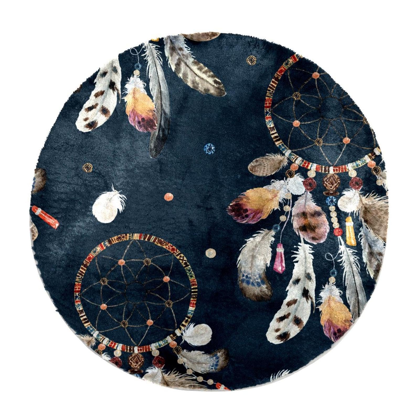 Flauschiger, weicher Teppich für Wohnzimmer, Schlafzimmer, Traumfänger, Federn, rutschfest, zottelig, waschbar, Teppich für Schlafzimmer, Spielbereich, Kinderzimmer, dekorativ, 80 cm
