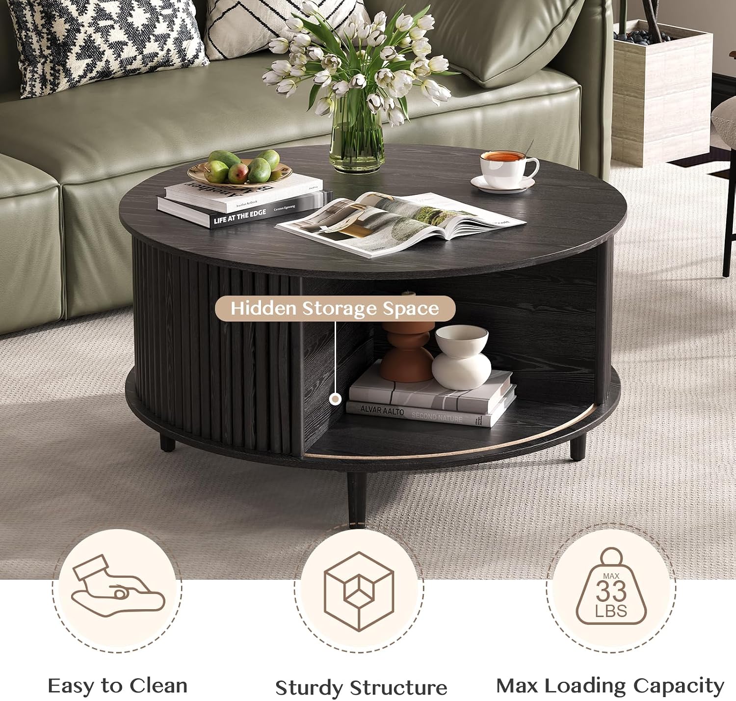 SULIVES Black Round Coffee Table with Storage, showing the open sliding door and shelf