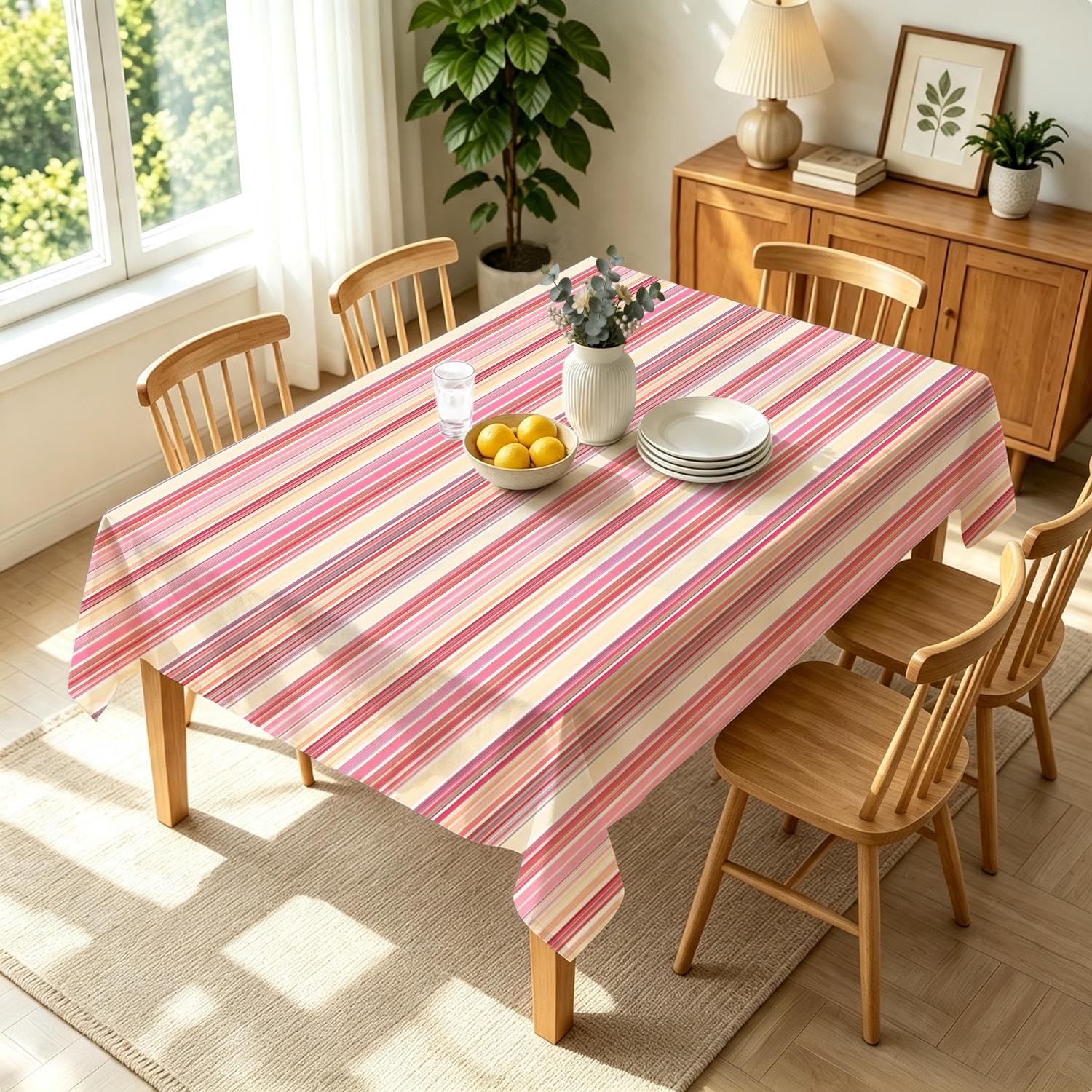 Tischdecke abwaschbar Polyester Bunte dünne Streifen 260 x 140 cm | Wasserabweisend, bedruckter pastell Streifenmuster Polyesterstoff, platzsparend faltbar, rechteckig, für Küche & Outdoor