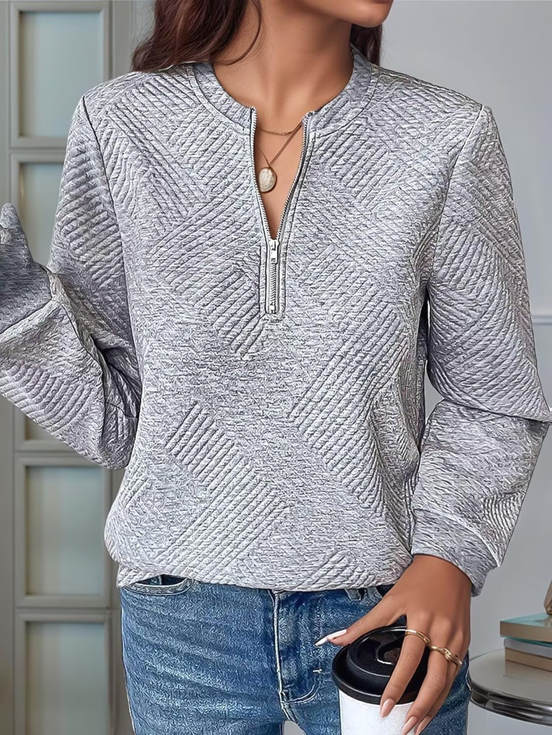 Flamingals Casual Long Sleeve Round Neck Textured Zipper Front T-Shirt for Women - Image 5