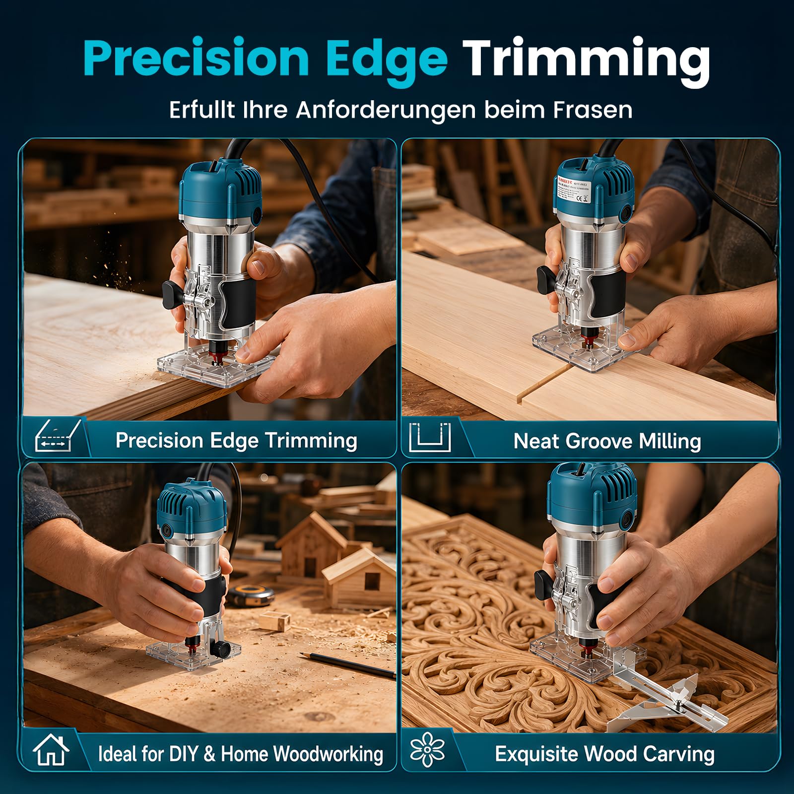 Fresadora de cantos de 800 W con 15 piezas, 800 W, 30000 rpm, fresadora profesional de 6,35 mm y carcasa de aluminio, fresadora de madera precisa para aficionados y profesionales