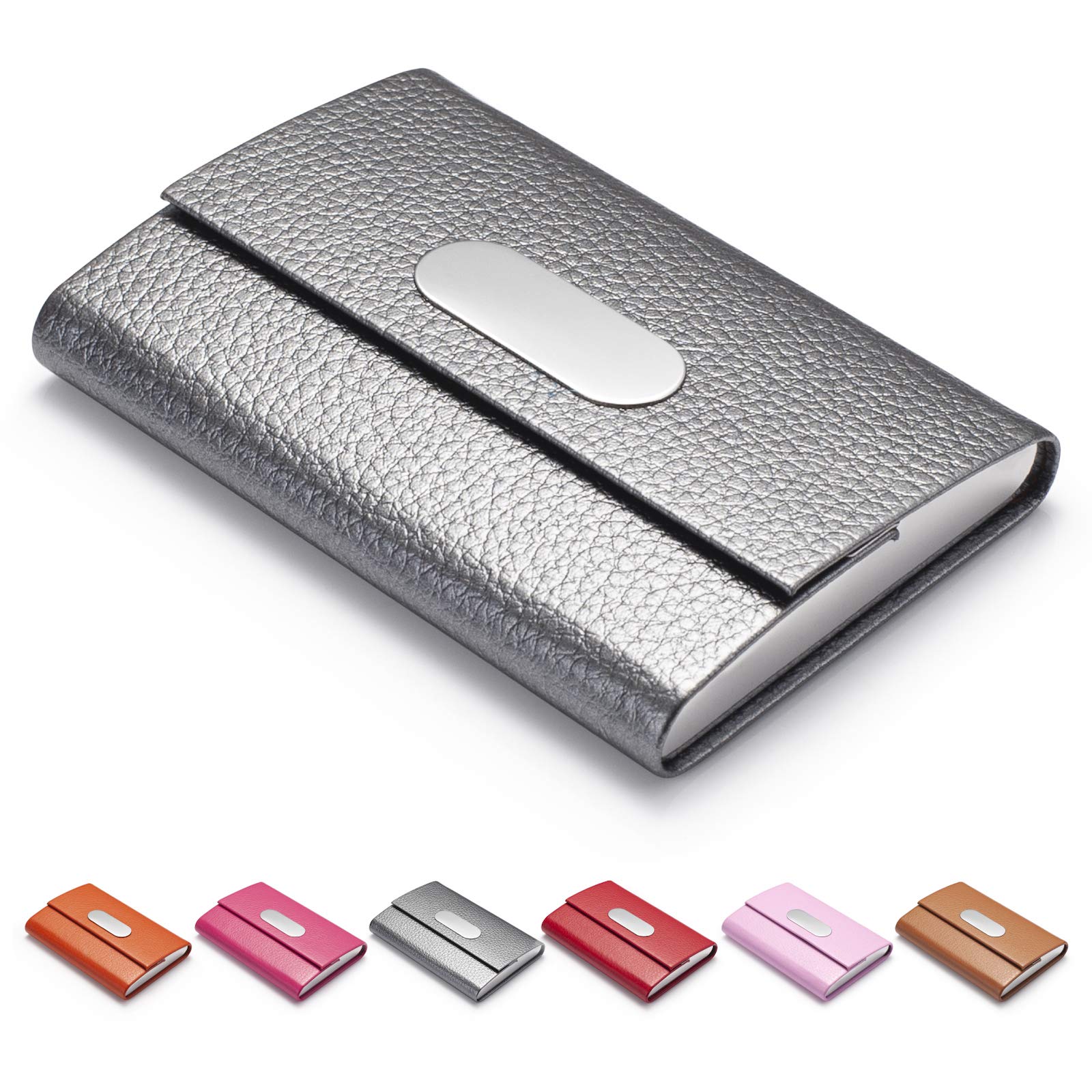 FACATH Business Card Holder for Women, PU Leather & Stainless Steel Business Name Card Holder Wallet Credit Card Metal Pocket Business Card Carrier with Magnetic Shut - Gray