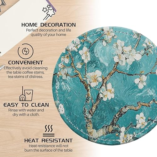 Miniatura 3 de Posavasos para bebidas de piel sintética, juego de 6 con soporte, regalo de inauguración de la casa, decoración del hogar, flores de almendras