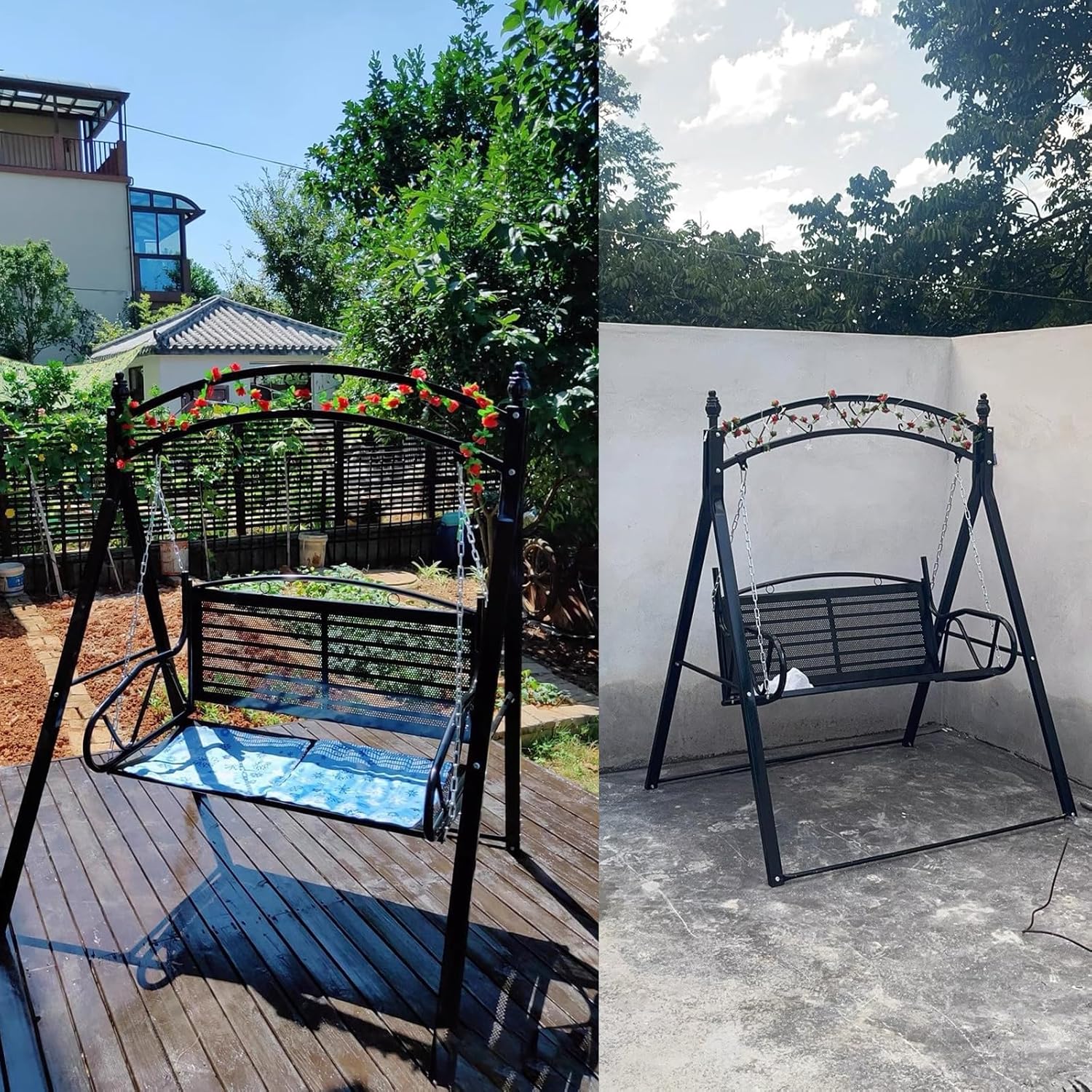 Upgraded Metal Patio Porch Swing with A-Frame Stand Heavy Duty Metal Hanging Porch Swing Chair Patio Hanging Bench Swing with Adjustable Chains for Garden, Balcony, Living Room (Black)