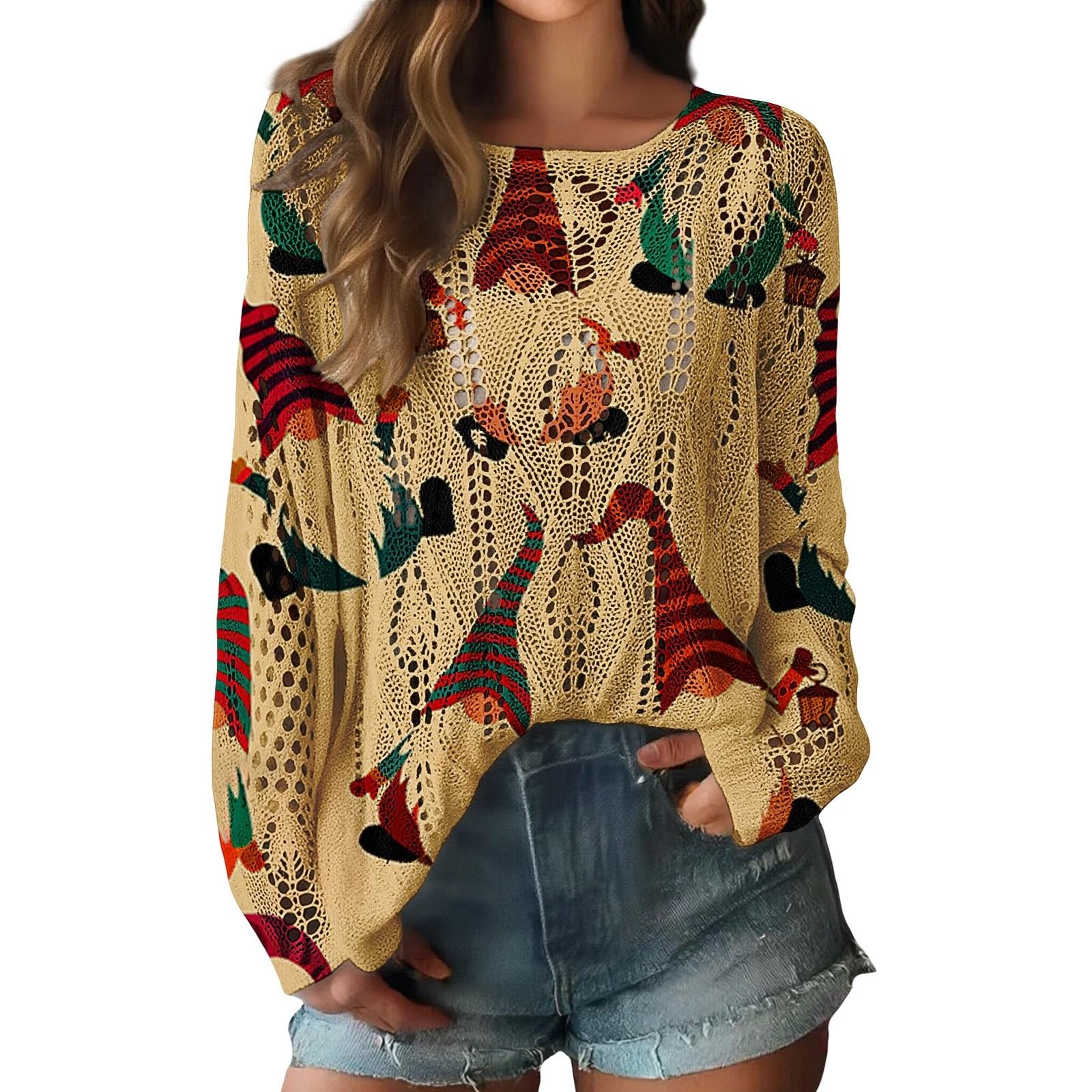Ugly Christmas Sweaters for Women Long Sleeve Crocheted Christmas Tree Print Knit Pullover Themed Comfortable Tops