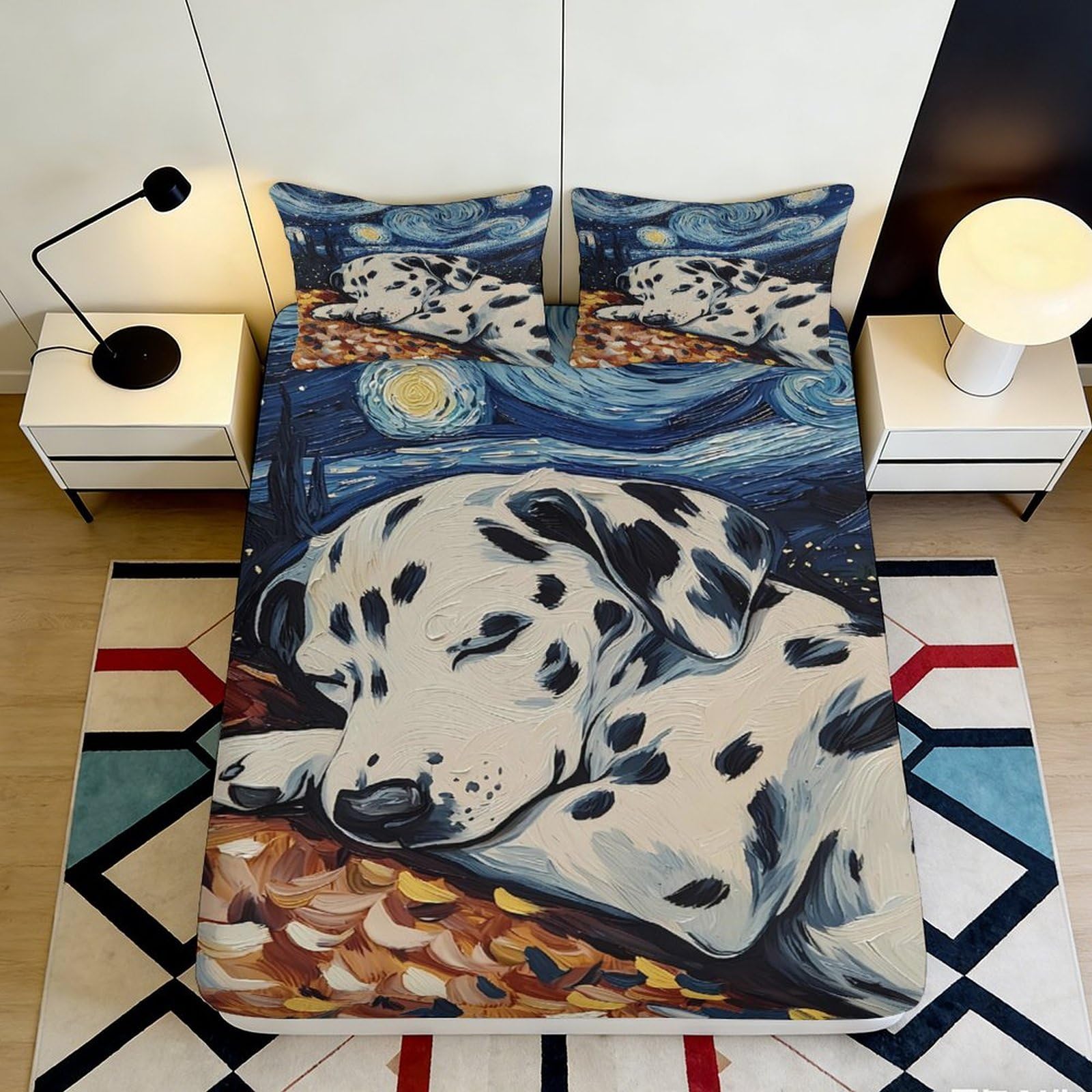 3D Printed Van Gogh Starry Night Dalmatian Fitted Sheet Microfiber Non-Slip Deep Pocket Dog Mattress Fitted Cover Washable for Adults Teens Bedroom 200x200x25cm