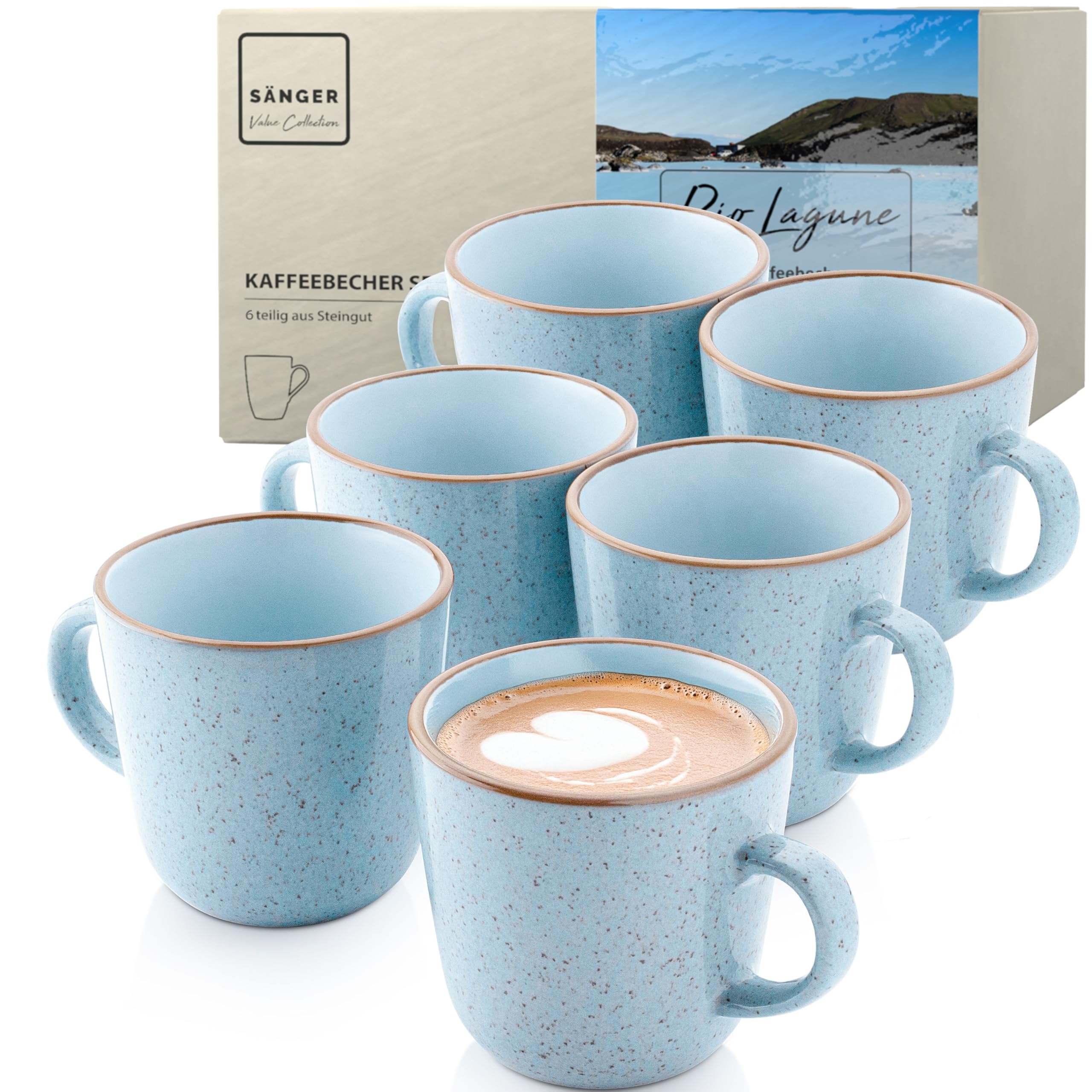 SÄNGER Rio Lagune | Kaffeebecher 6 teilig, Steingut Tassen Set für 6 Personen, Tassen multifunktional, spülmaschinen- mikrowellenfest, Coffee Mug Teetasse, Kaffeetassen blau 430 ml | VALUE COLLECTION