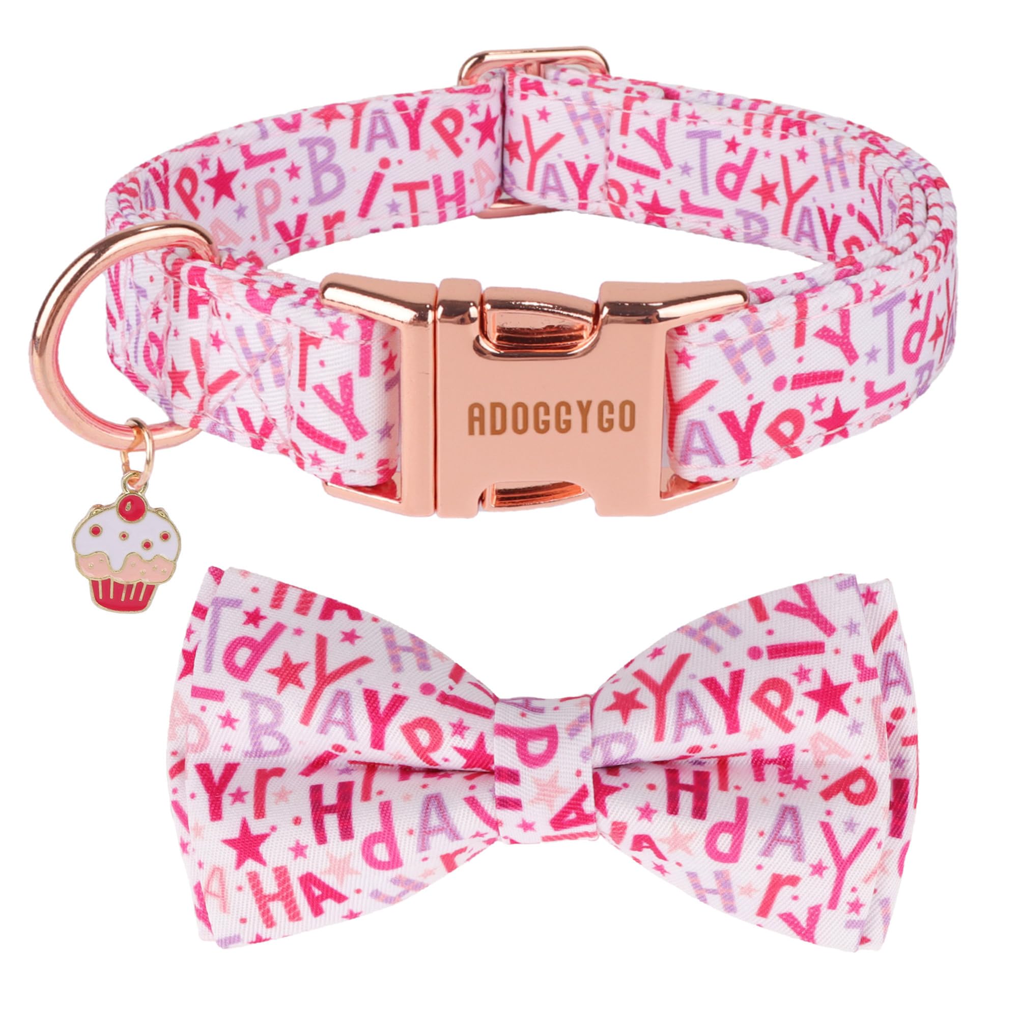 ADOGGYGO Birthday Dog Collars with Bow Detachable Bowtie Metal Buckle Adjustable Girl Pet Birthday Party Supply for Small