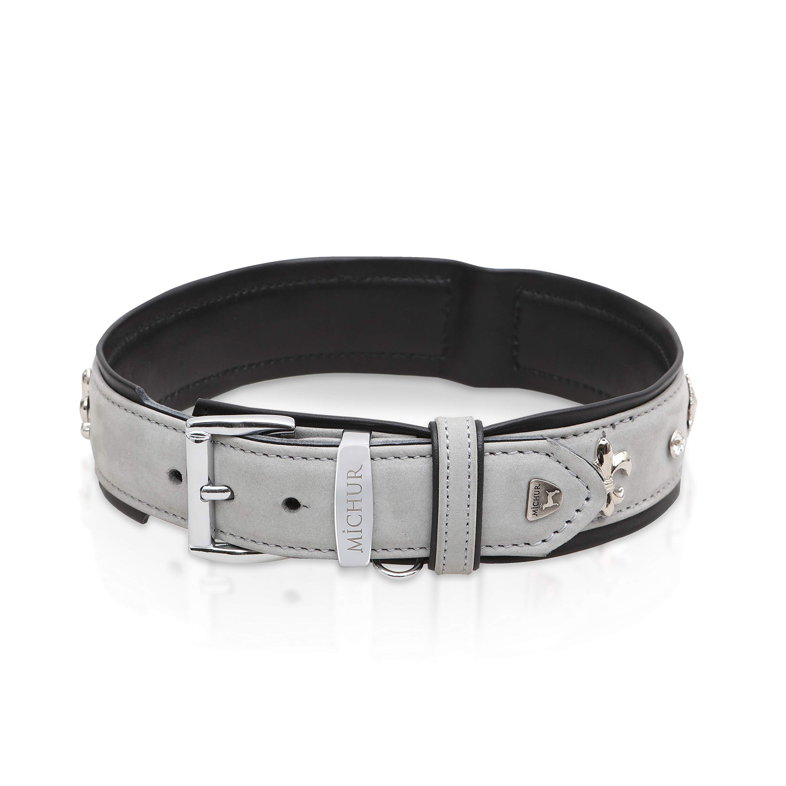 MICHUR Leon dog collar leather, dog collar, dog collar, gray-black,  LEATHER, with lilies, rhinestones and lion's head application