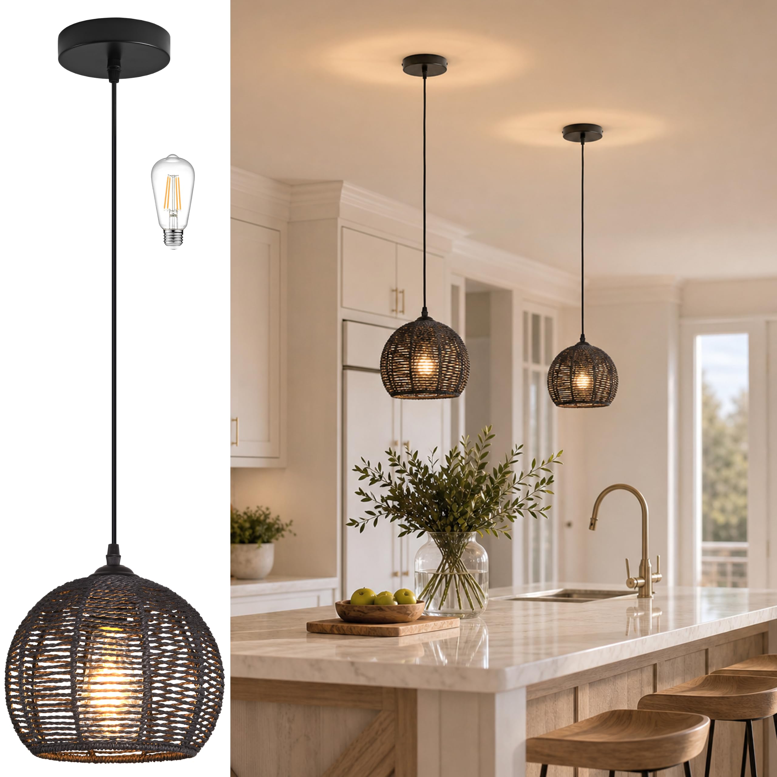 Photo 1 of AyshwillDec Black Woven Boho Chandelier Wicker Rattan Dome Pendant Light Fixture for Dining Room Bedroom Kitchen Island (Bulb Included)