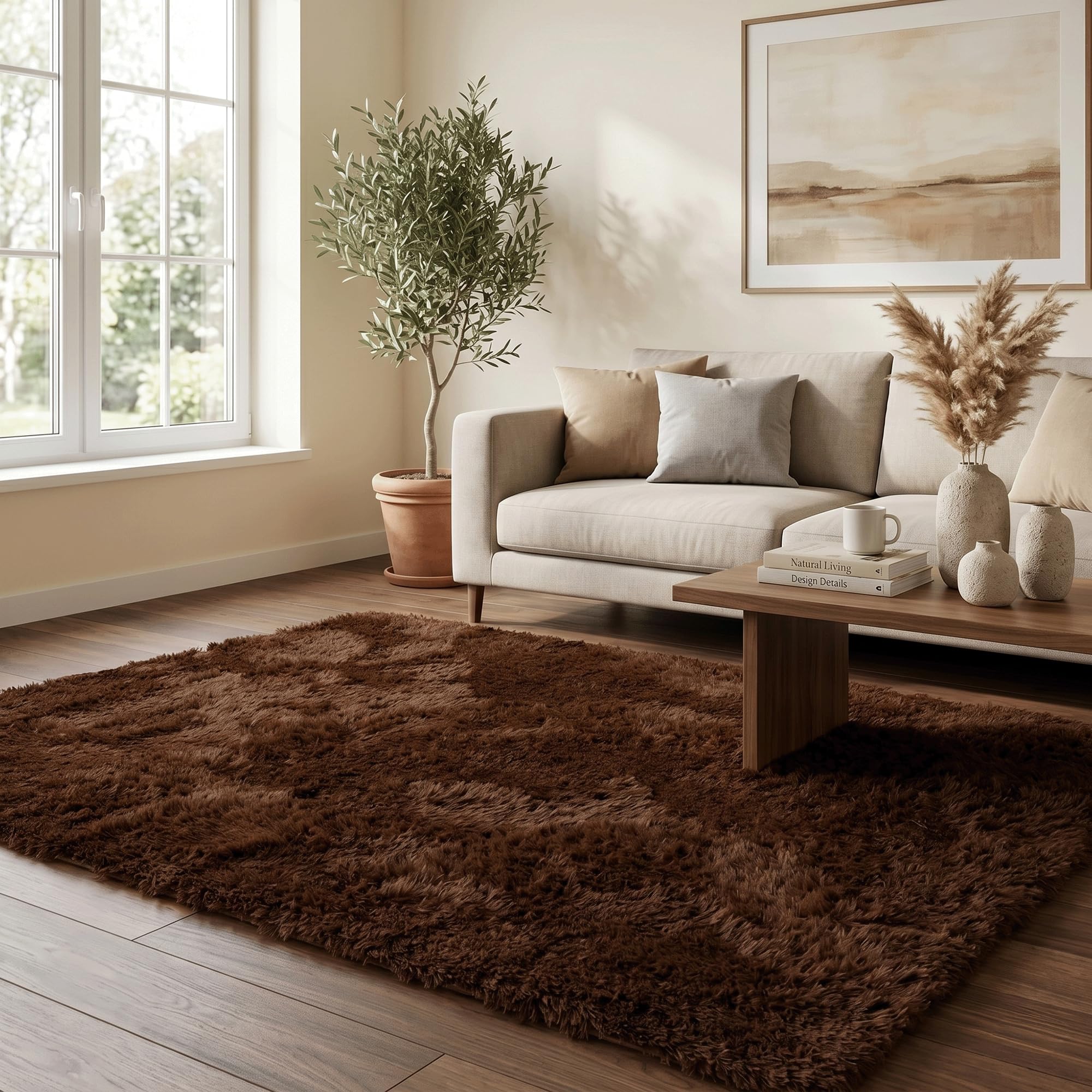 Pergamon Tapis Shaggy Fluffy Marron foncé – Tapis à Poils Longs Extra Doux, Tapis de Salon Moderne, Moelleux et Facile d’Entretien
