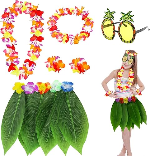 Falda de hierba para niñas para fiesta de Luau, falda hawaiana de hula con flores Leis para decoración de fiesta de playa y Hawaii Luau