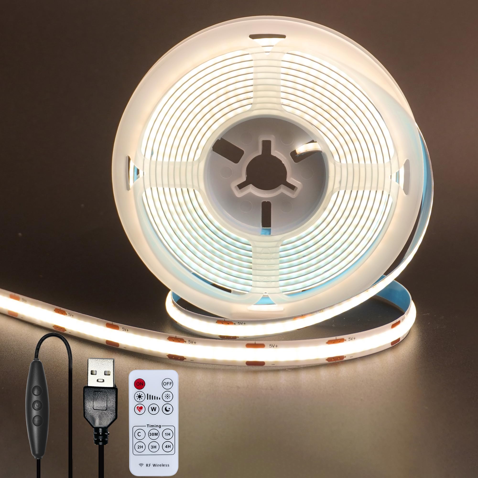 Clearhill 5V 8mm Width USB COB LED Strip Lights with Remote Dimmable Switch,Natural White 4000K,320LEDs/M,8W/M,CRI90,16.4FT/5M,Electroplated Double-Sided Panel Light Strip,IP20,for Indoor Decoration