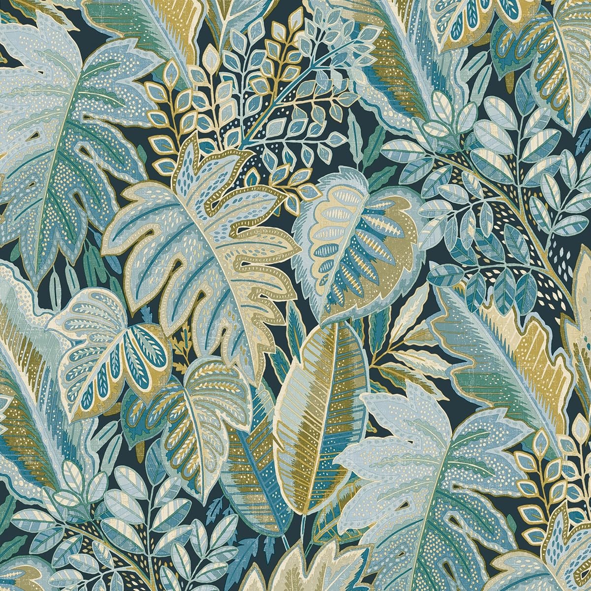 Grandeco Tribal Leaf Foliage Wallpaper - Aqua Blue and Green Textured - Paper Material
