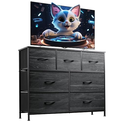 WLIVE 7 Drawer Dresser TV Stand, Entertainment Center, Media Console Table with Metal Frame and Wood Top for TV up to 45 inch, Chest of Drawers for Bedroom, Charcoal Black Wood Grain Print - Charcoal Black Wood Grain Print