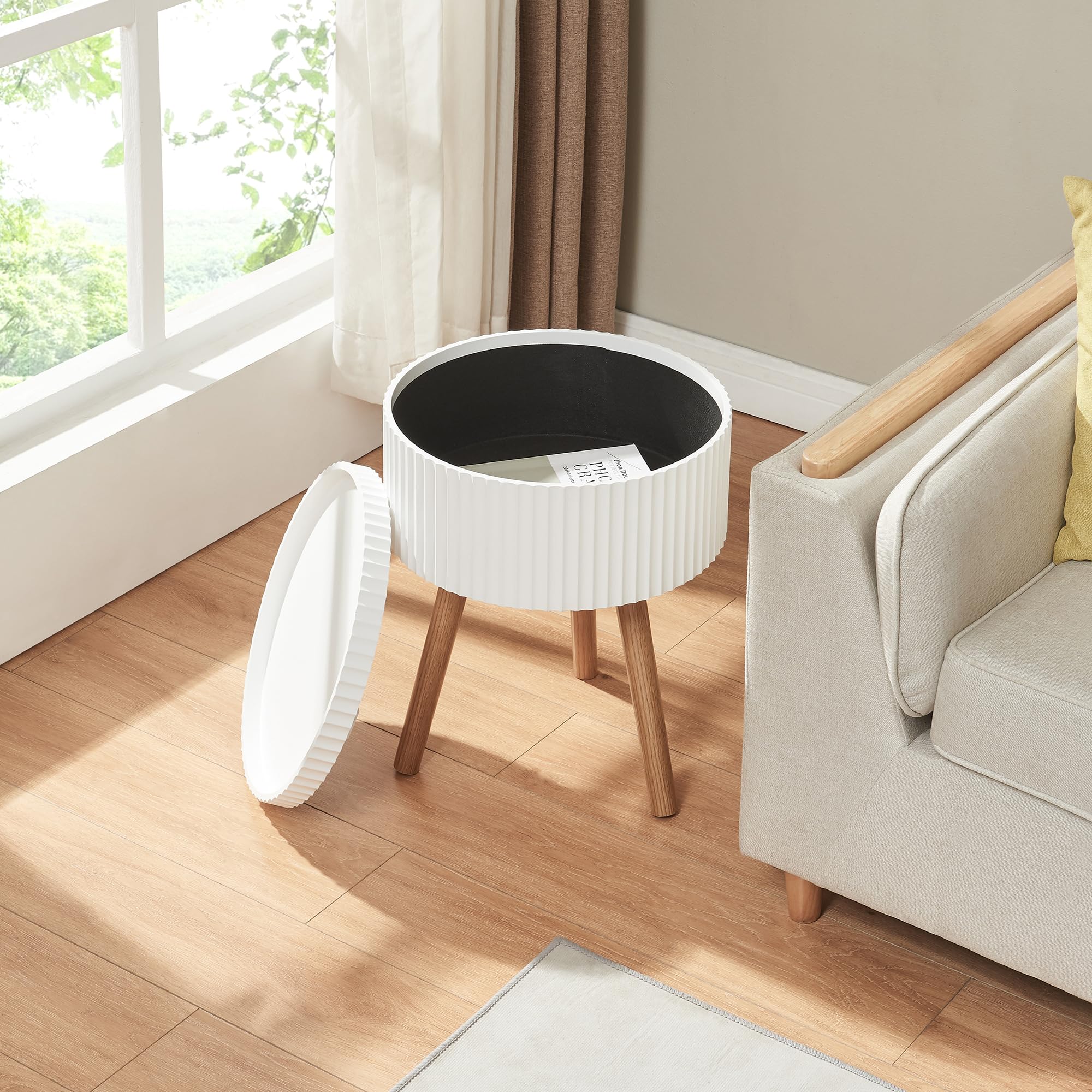 [en.casa] Table d'Appoint avec Compartiment de Rangement Plateau Rond Amovible 3 Pieds Robustes Bout de Canapé Table de Chevet Nuit MDF Bambou 48 x 38 cm Blanc