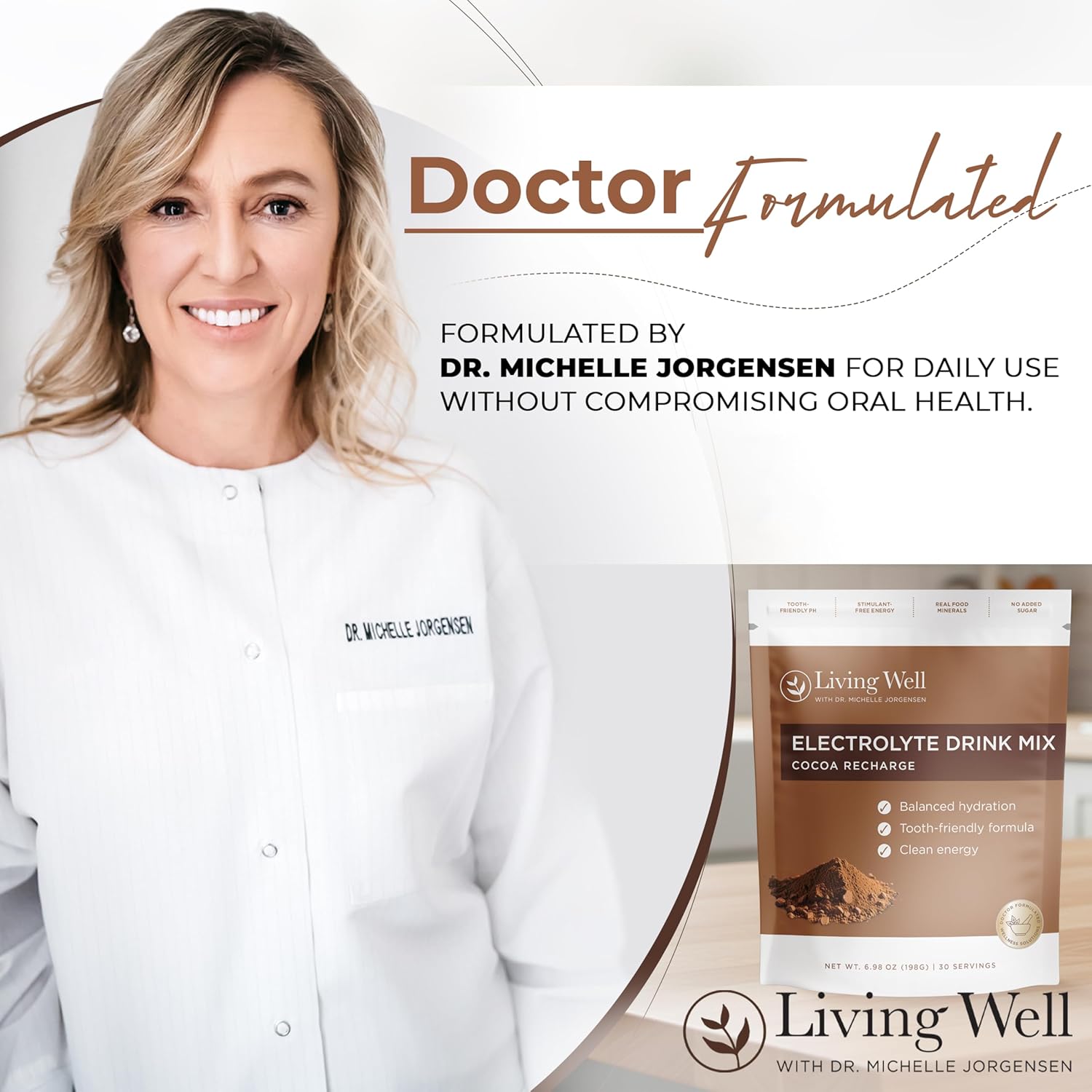 Living Well with Dr. Michelle Chocolate Electrolyte Powder – Caffeine-Free Electrolyte Drink Mix for Clean Hydration & Energy, Sugar-Free Cocoa Flavor