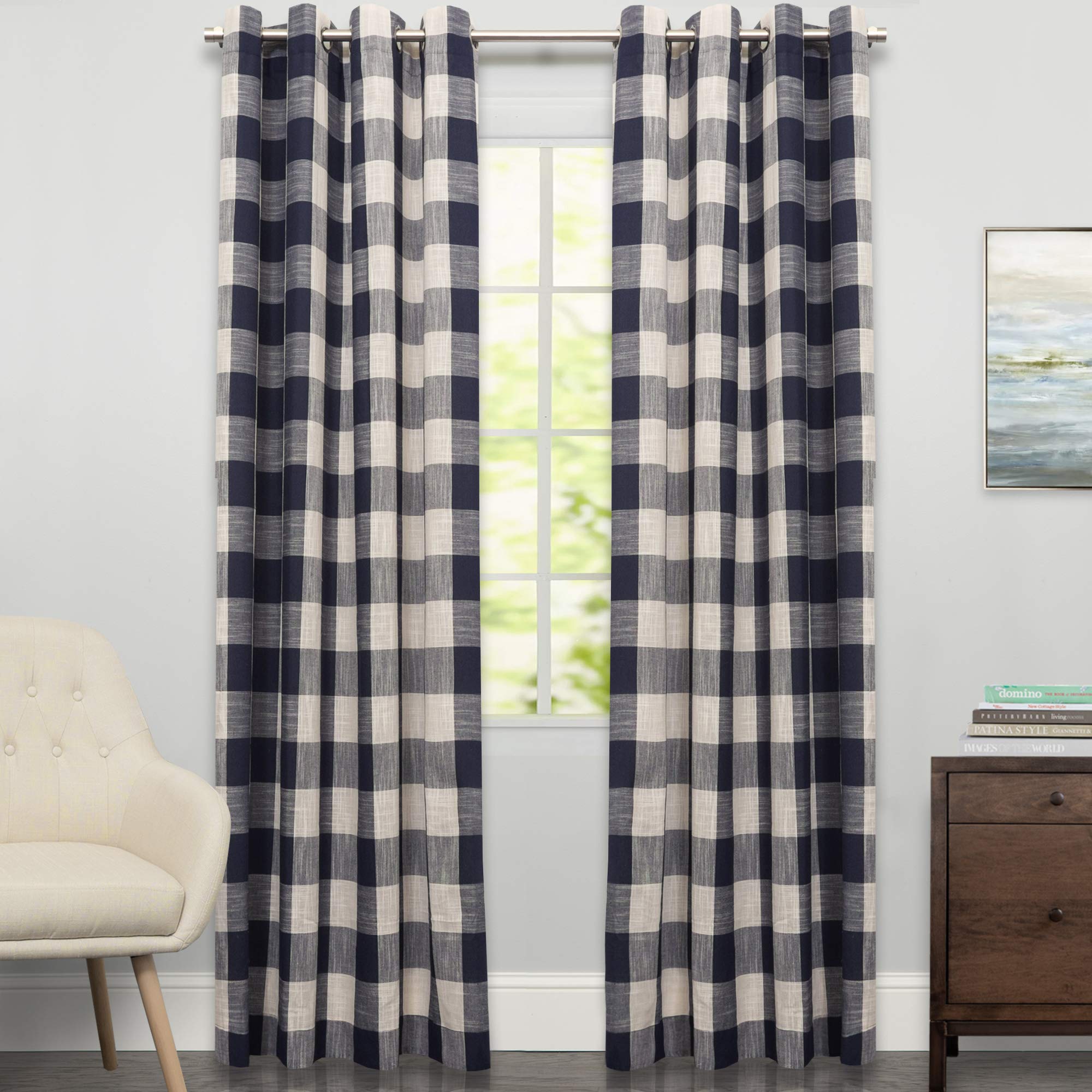 Sweet Home Collection Kitchen Curtains for Windows 40+ Styles &amp; Colors Swag, Valance, Tier Sets &amp; Panels Cafe Curtains for Farmhouse, Rustic, Modern Décor, Courtyard Navy, 84" Panel