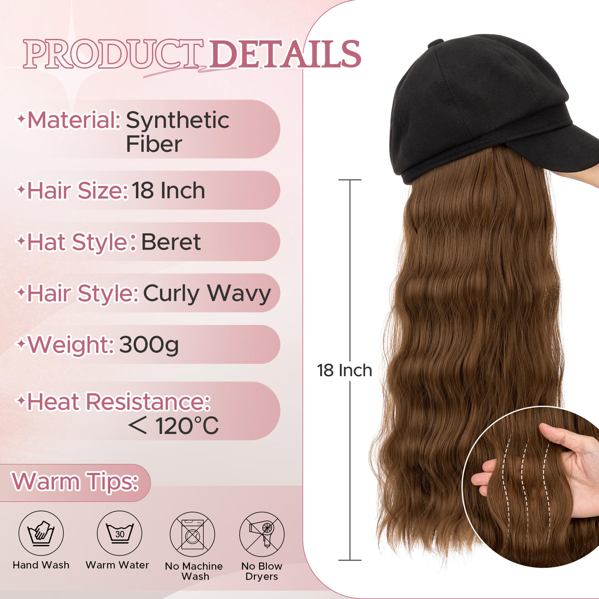 SEGO 18 Inch Long Wavy Hair Extension With Attached Black Beret Hat Synthetic Hairpiece Fashionable For Women - Ash Brown - Image 2