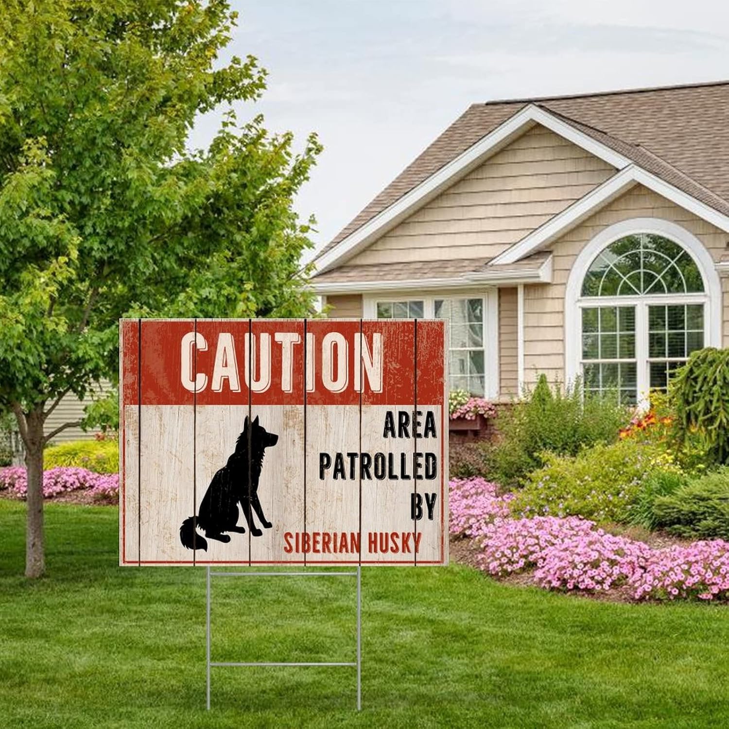 Farmhouse Decorative Yard Sign 18x24 Caution Area Patrolled by Siberian Husky Dog Waterproof Corrugated Plastic Warning Yard Sign with H-Stakes Decorations for Lawn Garden Yard Home Outdoor