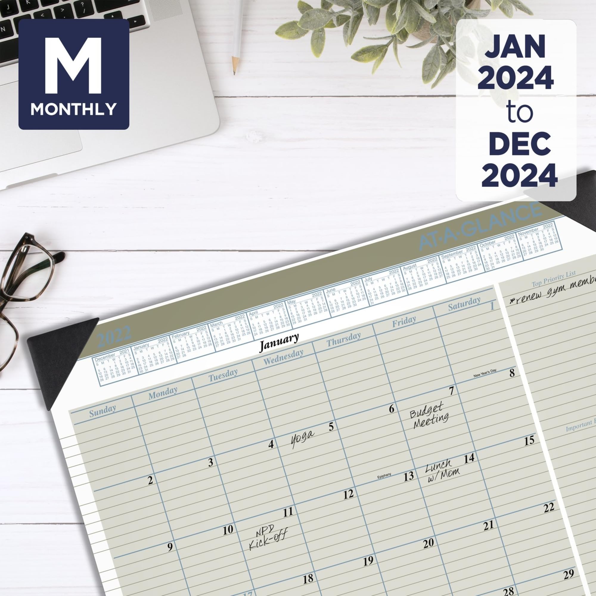 2024 AT-A-GLANCE® Executive Schreibtischunterlage Kalender, 54,5 x 43,2 cm, Januar bis Dezember 2024, HT1500