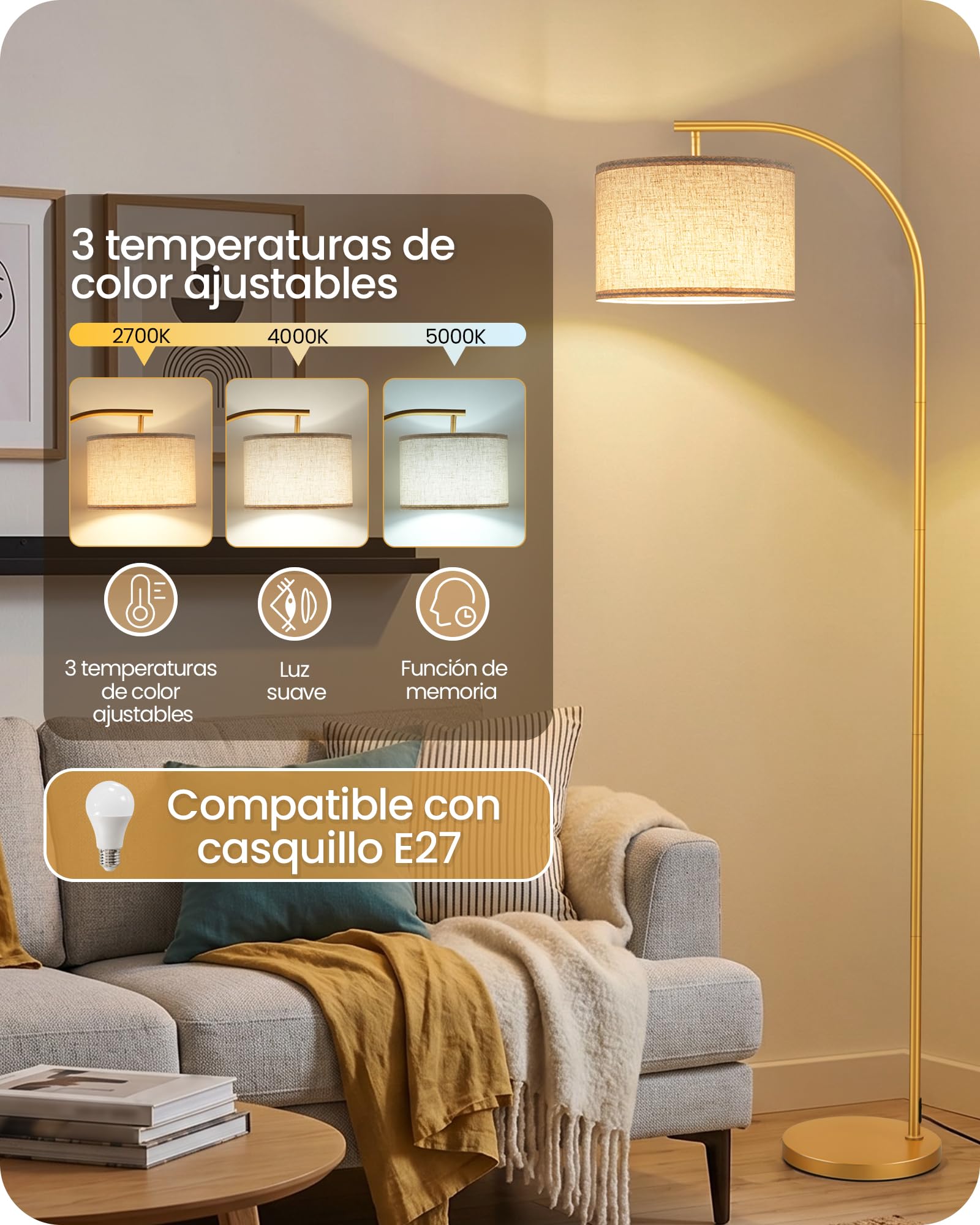 Lámpara de Pie para Salón, Dorado y Beige