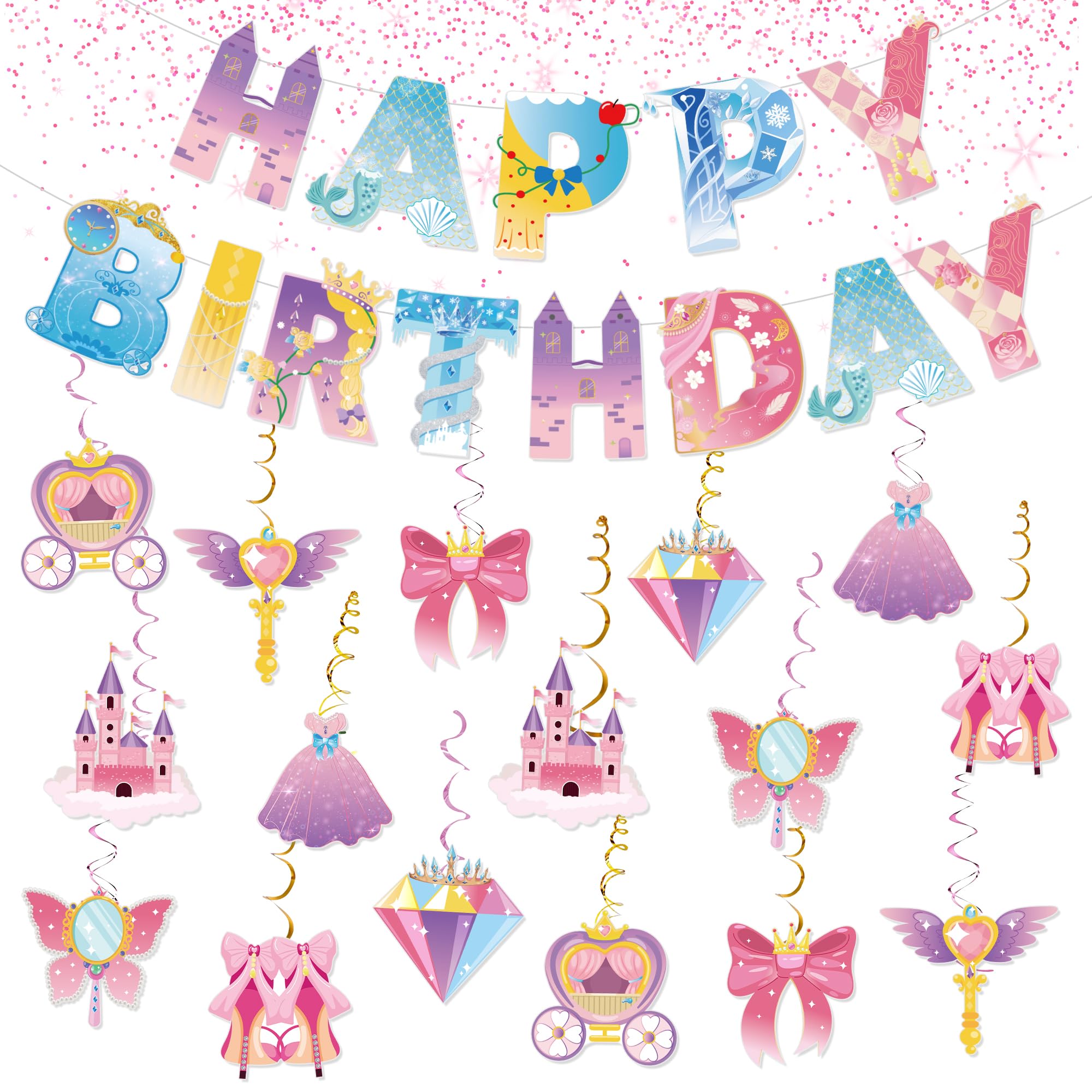Princess Birthday Banner, 90Pcs Pink Happy Birthday Banner for Girls, Princess Themed Hanging Swirl Party Decorations Kit for Kids Women Christmas Holiday Celebration Baby Shower Party Supplies