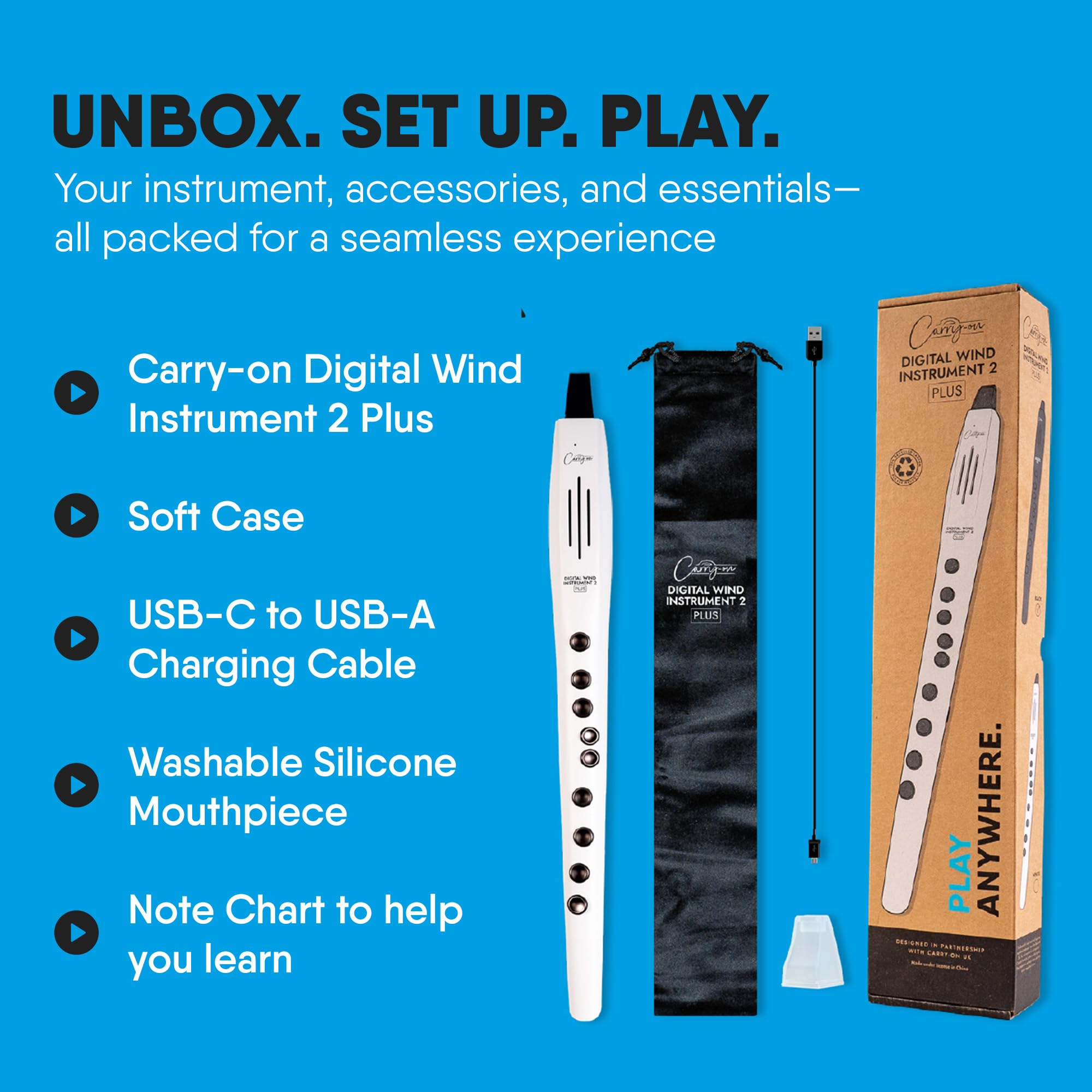 Carry-on Strumento a fiato digitale 2 Plus - 20 voci, batteria ricaricabile USB integrata, uscita cuffie per esercitarsi silenziosamente, registratore digitale Midi Over Bluetooth bianco