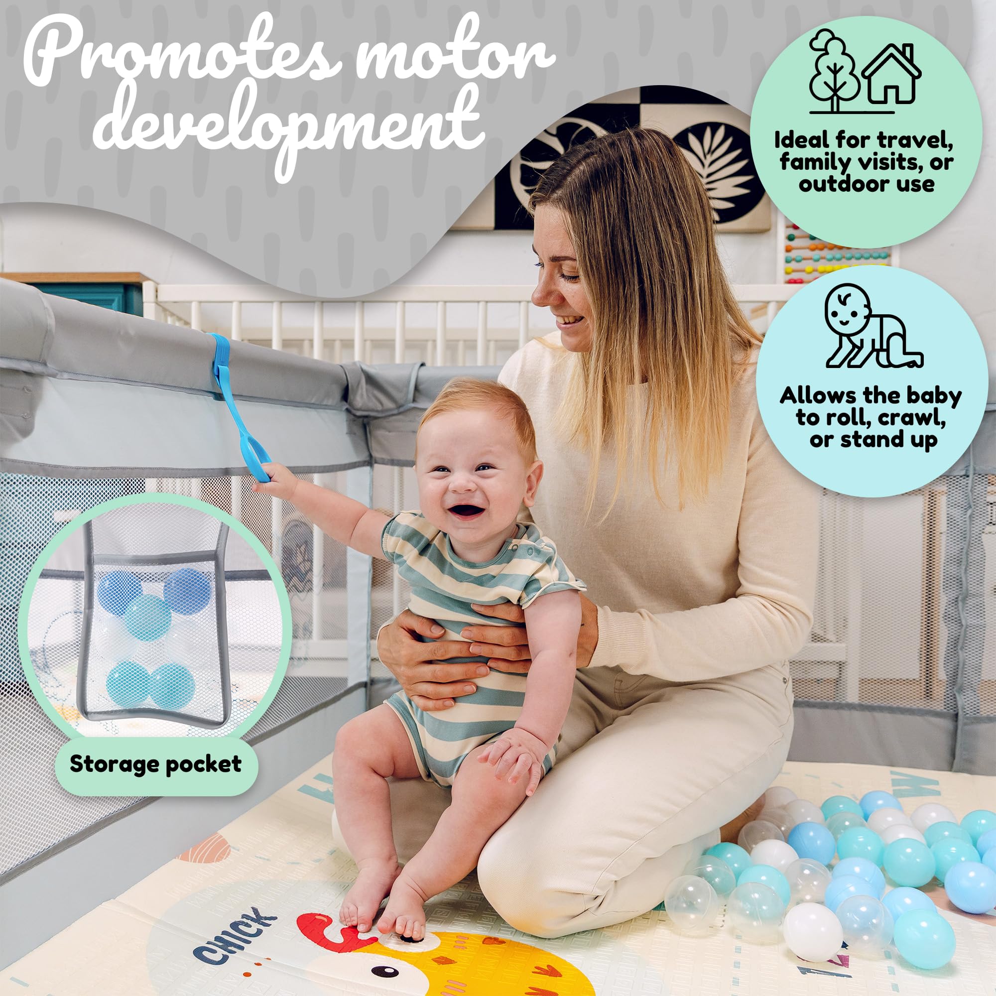 Parque Infantil Bebe 150x180cm + Alfombra Bebe + 60 Bolas + Agarraderas + Bolsas de Transporte – Corralito Bebe con Malla Transpirable – Parque de Juegos Bebe – Playpen Bebe (150x180 cm)