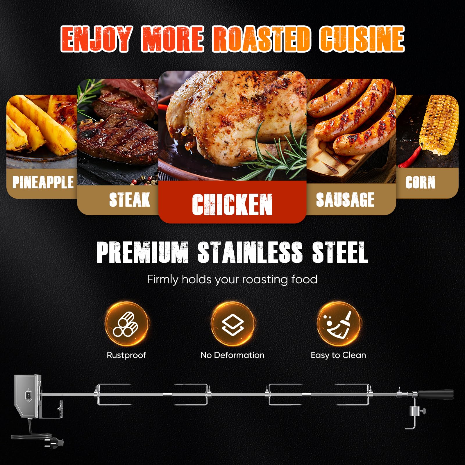 Universel Rôtissoire pour Barbecue Kit 3X brochettes Aiguilles et Moteur en Acier Inoxydable Lunghezza regolabile 56-134cm 3RPM Barbecue Rôtisserie Set kit de rôtisserie tournebroche