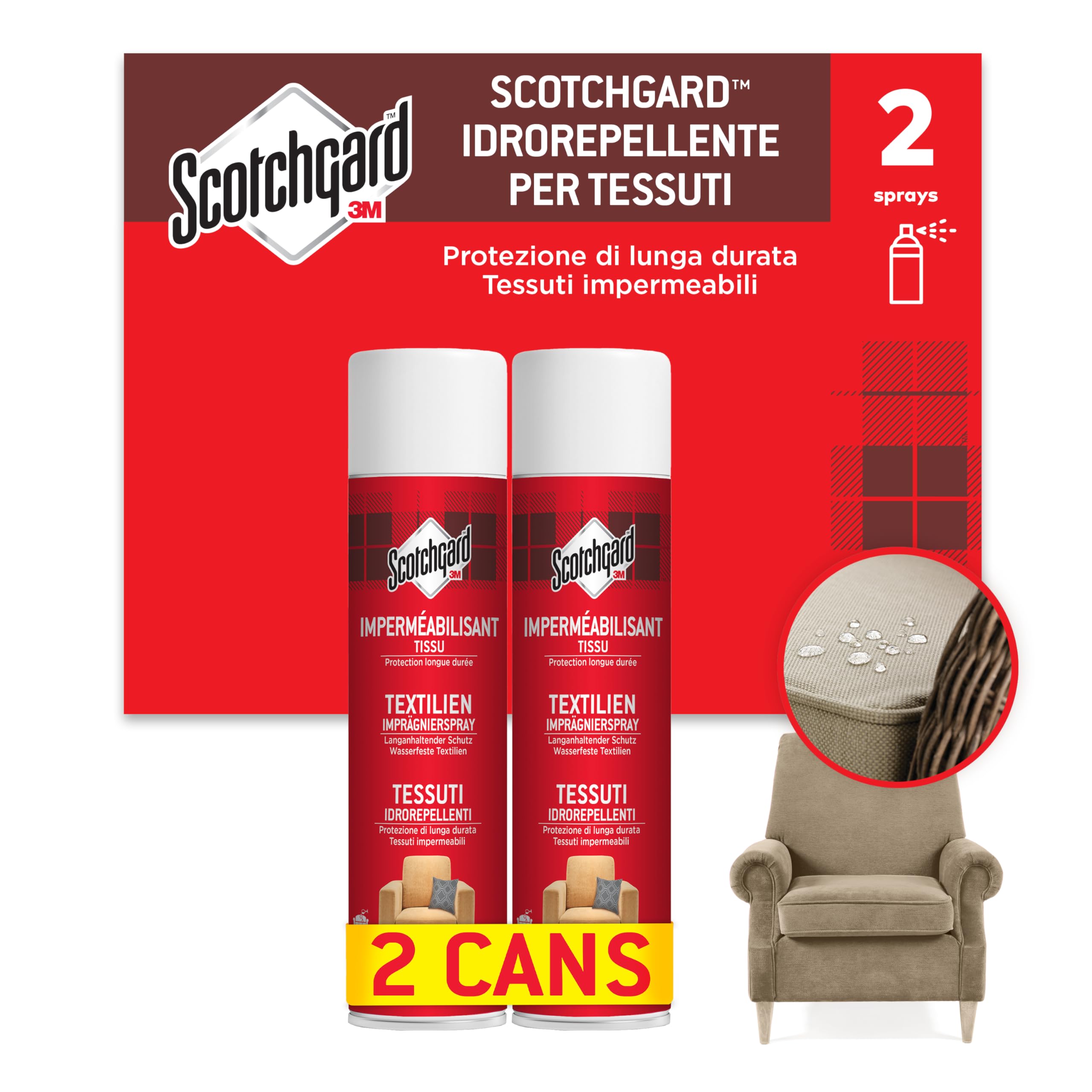 Scotchgard Spray Idrorepellente per Tessuti, 2x400 ml - Ottimo per Tappezzeria, Divani, Cuscini, Tovaglie e Abbigliamento