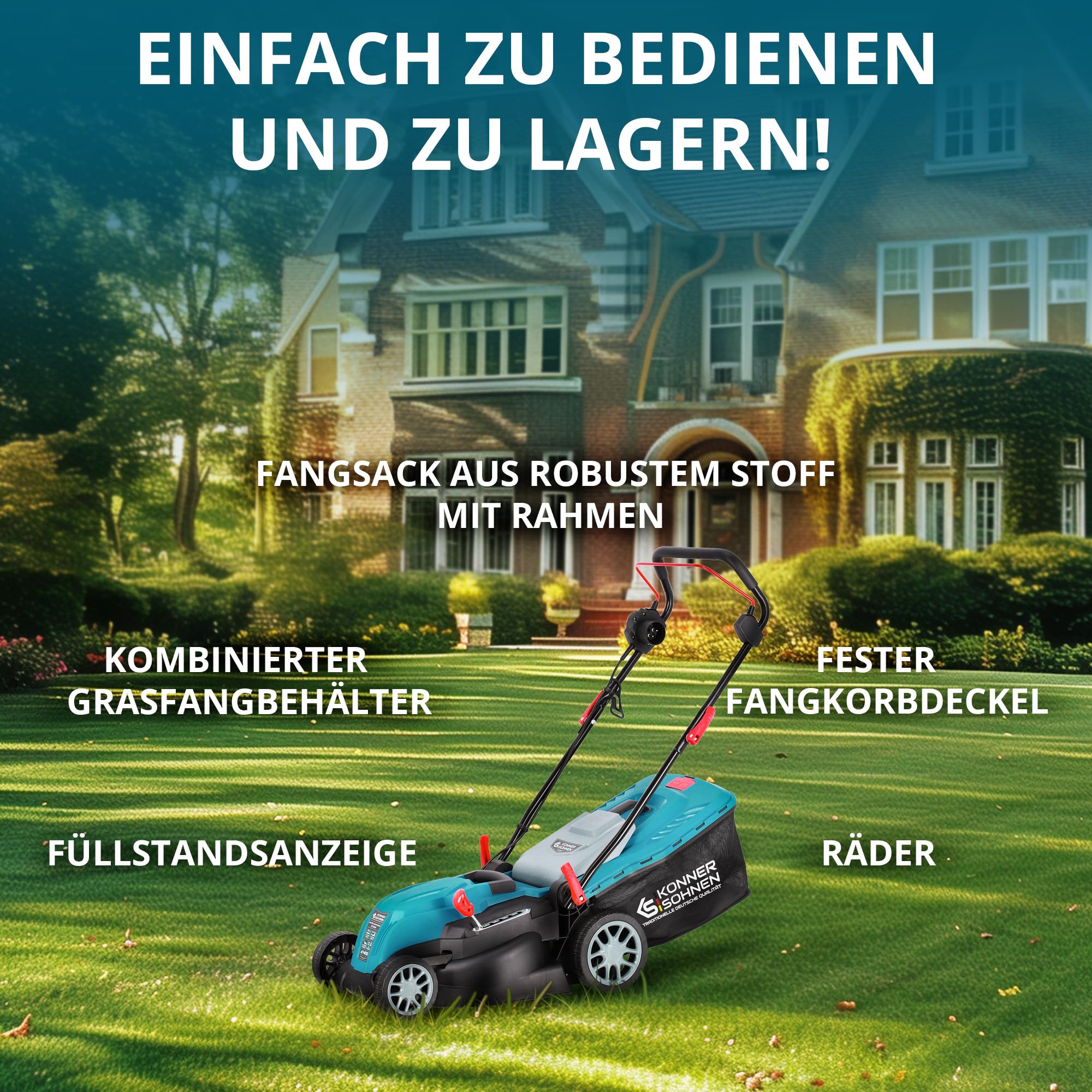 K&S Könner&Söhnen KS 38LM kosiarka elektryczna 1400 W, prędkość obrotowa biegu jałowego 3250 obr./min, szerokość cięcia 380 mm, wysokość cięcia 25-75 mm, 5 pozycji, pojemnik na trawę 40 l + KS GT-250